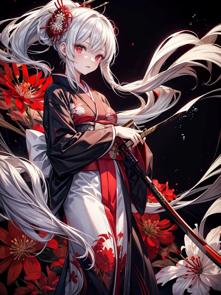 A girl in a kimono standing with a Japanese sword, White medium hair, Red eyes, Red lips, Kimono with red spider lilies on a black background, Red splash pattern on a black background, super high quality, Ultra-fine detail, Ultra-thin kimono pattern