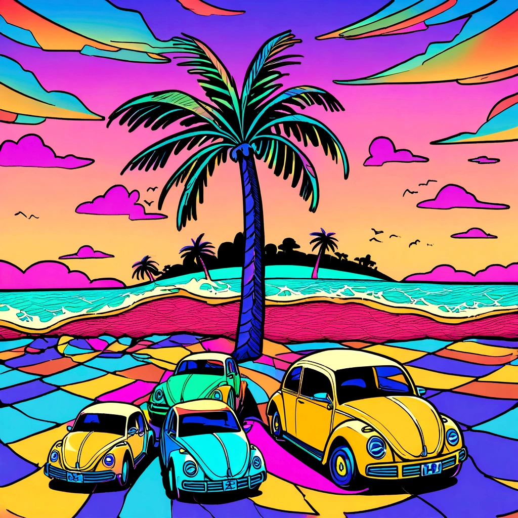 sticker design, Yellow VW Beetle Gladiator Gravity, sunset background, palmtrees, 5 layers of color, Beach by the Sea,