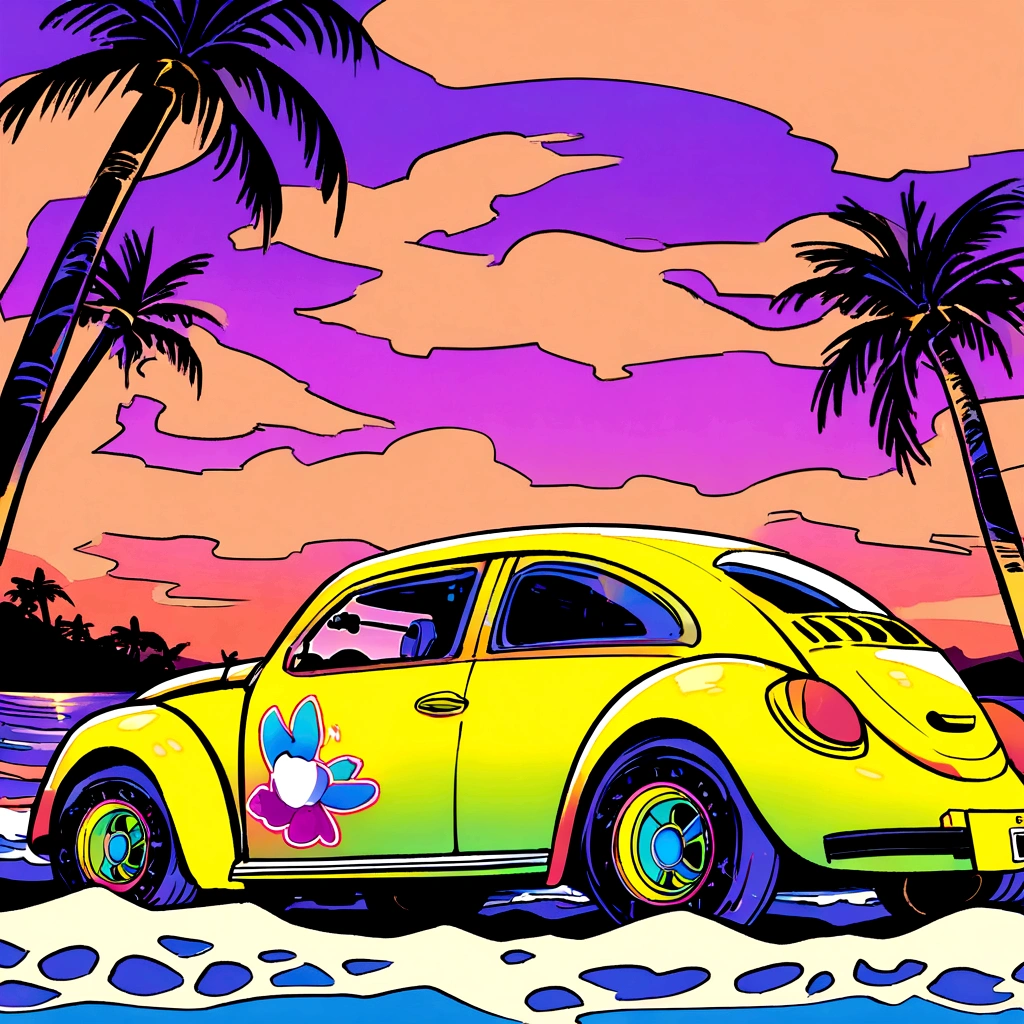 sticker design, Yellow VW Beetle Gladiator Gravity, sunset background, palmtrees, 5 layers of color, Beach by the Sea,