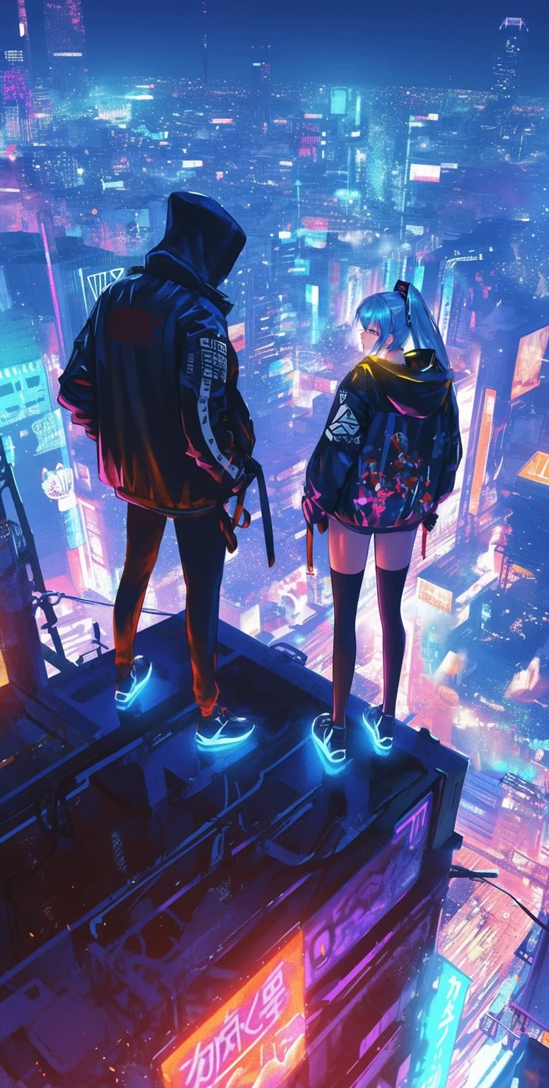 Highest quality, masterpiece, Ultra-high resolution,Two people standing on a ledge overlooking the city at night, cyber punk vibe, cyber punk art style, cyber punk vibes, digital cyber punk - anime art, cyber punk themed art, cyber punk anime art, digital cyber punk anime art, in cyber punk style, cyber punk artstyle, has cyber punk style, anime cyber punk art, in cyber punk city, cyber punk art, cyber punk))), cyber punk style, style of cyber punk