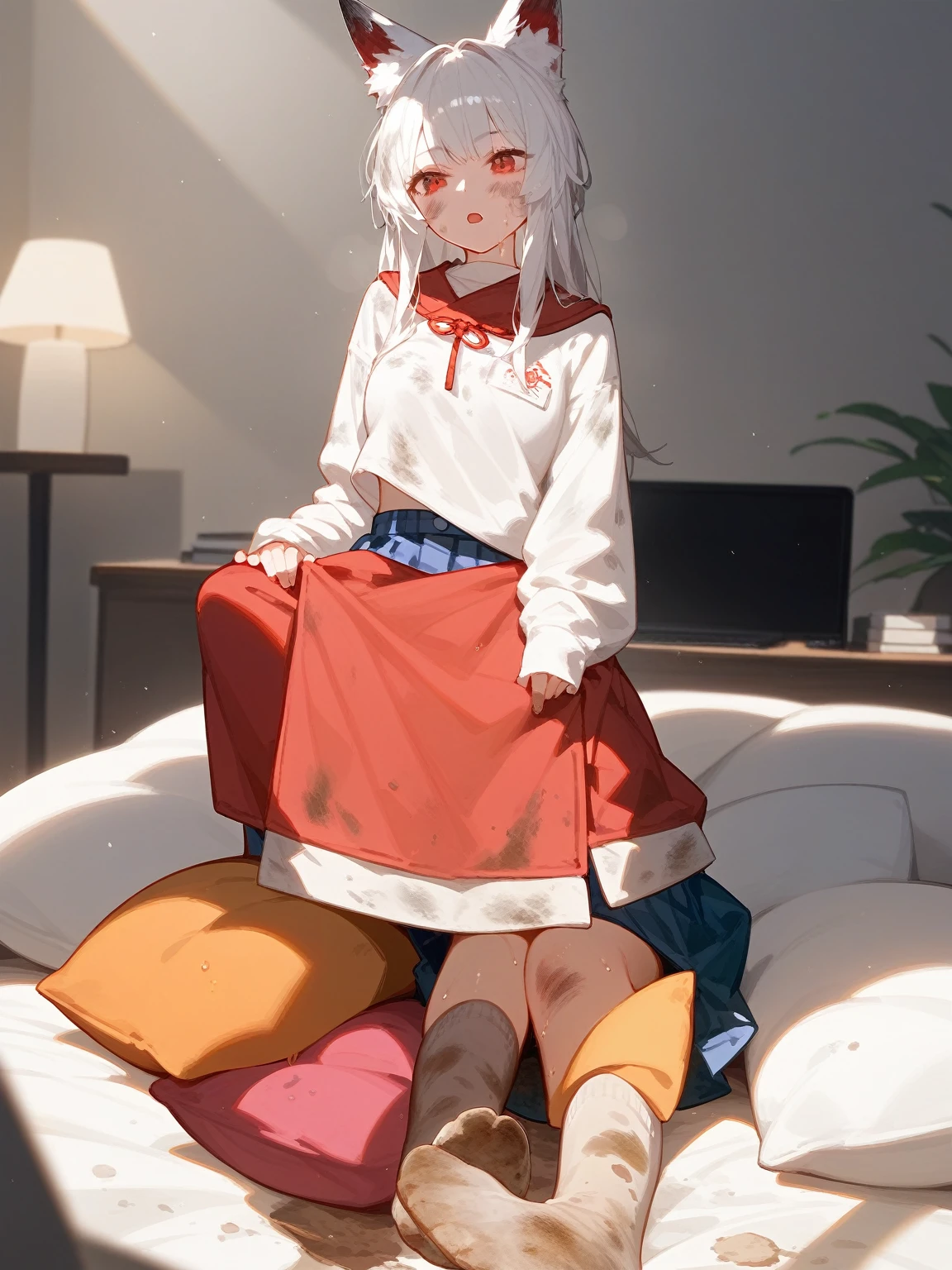 1 girl,dirty,foot,foot底,Red Eyes,breast,solitary,Long hair,White hair,,foot趾,foot部焦点,Looking at the audience,sit,Sweat,open mouth,dirty foot,Keep,indoor,Pillow,Bangs,White knee socks,Fox ears,There'foot的泥土,White clothes,kimono,Japanese style,dirtyPillow,dirty床,女孩周围堆满Pillow,女孩踩踏2着Pillow,大量Pillow,Pillow上肮脏,,(Deluxe Rococo Canopy King Bed),On a big and spacious bed,(),,,,Luxurious curtains with ornate ruffles and ribbons surround the bed,((((There are many pillows piled on the bed)))),Detail of Quilt,Detailed bed sheets