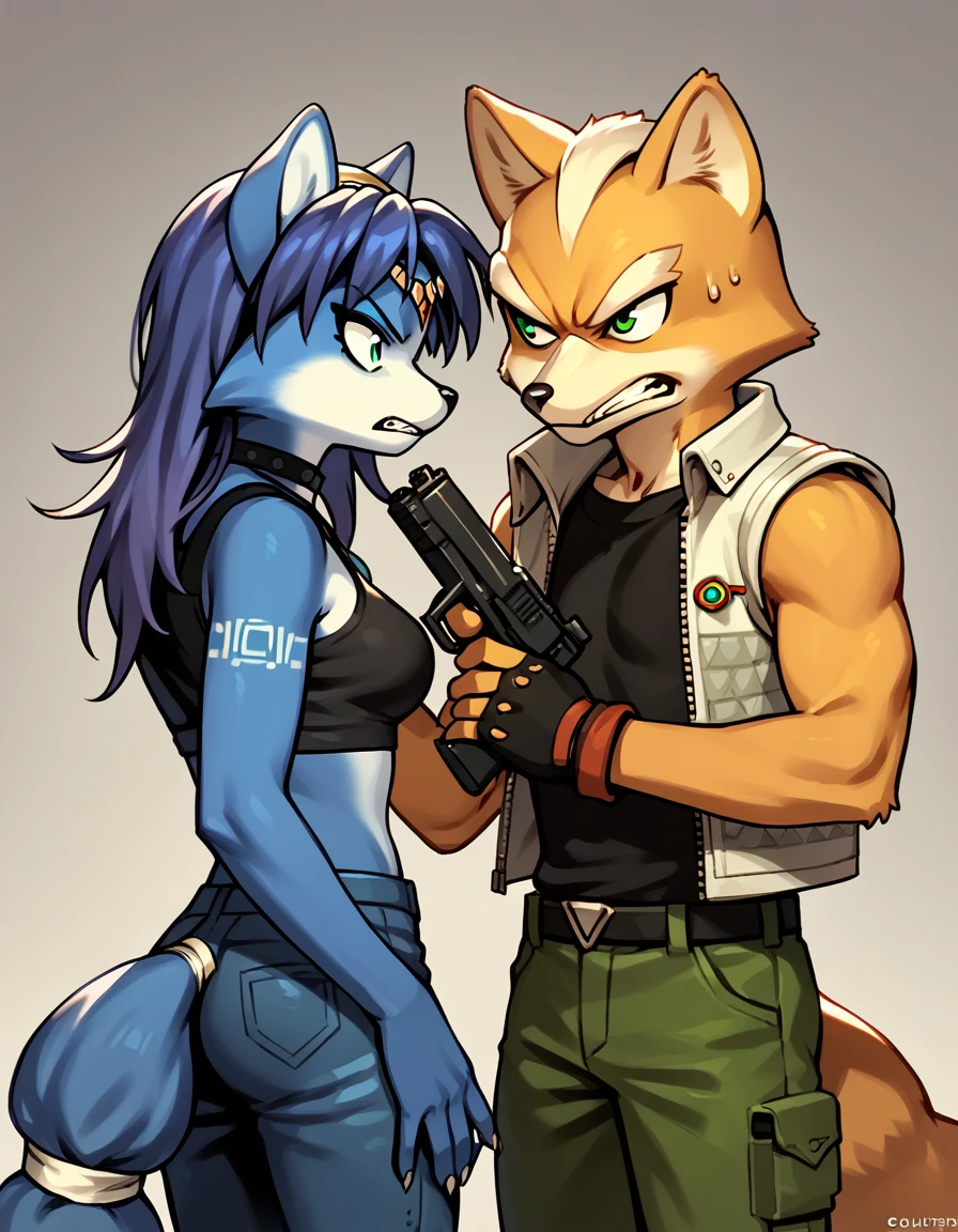 score_9, score_8_up, score_7_up, score_6_up, score_5_up, score_4_up, duo, 1boy, 1girl, duo, Fox Mccloud, Krystal swift, violet hair, hair, long hair, black eyeliner, black tank, angry, gun, threatening, against each other, rating_questionable