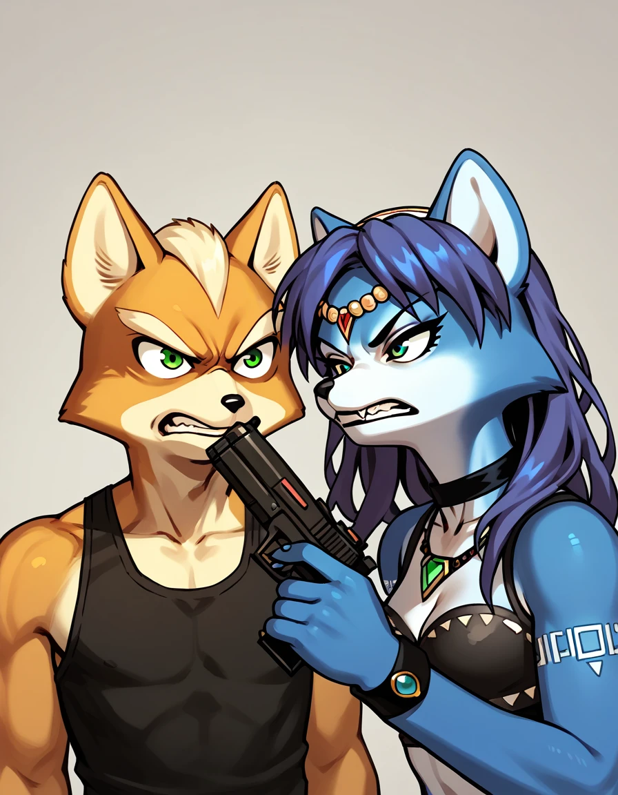 score_9, score_8_up, score_7_up, score_6_up, score_5_up, score_4_up, duo, 1boy, 1girl, duo, Fox Mccloud, Krystal swift, violet hair, hair, long hair, black eyeliner, black tank, grin, angry, gun, threatening, against each other, submissive male, dominant female, rating_questionable