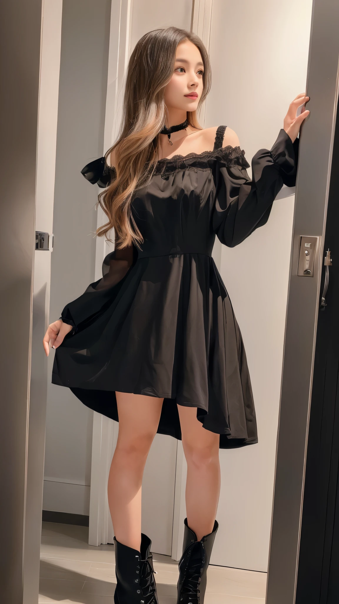 A girl standing in a doorway wearing a black dress and black boots, Girl in a black dress,  In a dress, from Girls&#39; Frontline, Girls&#39; Frontline style, Cute girl in a nice dress, Fine details, Girls&#39; Frontline, Cute girl visuals, Girls&#39; Frontline cg, Blonde girl with long hair, Beautiful school girl, Idol Face, Beautiful breasts, (Detailed eyes and face:1.3, Professional photography techniques), (Detailed hands:1.2, Beautiful little hands of a girl:1.3), (Highest quality, 8K, masterpiece:1.2, RAW Photos), (Beautiful eyes in every detail), Gaze at the viewer, blush:1.3