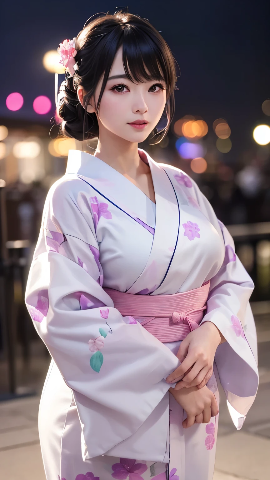 (logo、masterpiece、8K、Tabletop、RAW Photos、wonderful、最high quality、フォトリアリスティックでVery detailedな CG 複合 8K 壁紙、high quality、Very detailed、Narrative poem、Particle Effects、Dynamic Effects、Depth of the Boundary、Cinematic Light、Lens flare、Ray Tracing)、 (One beautiful woman wearing a yukata、White yukata、Light purple pattern)、Black-haired、High definition skin、Very fine、Fine skin texture、Beautiful Face、True Face、Beautiful details in the eyes、Realistic eyes、Beautifully detailed eyes、Realistic Skin、Beautiful Skin、Surreal、Smiling Eyes、Hair and light eyes、vivid、Colorful lights and bokeh、plump lower lip、Pink Lips、Hair flutters in Wind、Hair bounces、wonderful景色、night、evening、Wind、moonlight、moonlight、light
