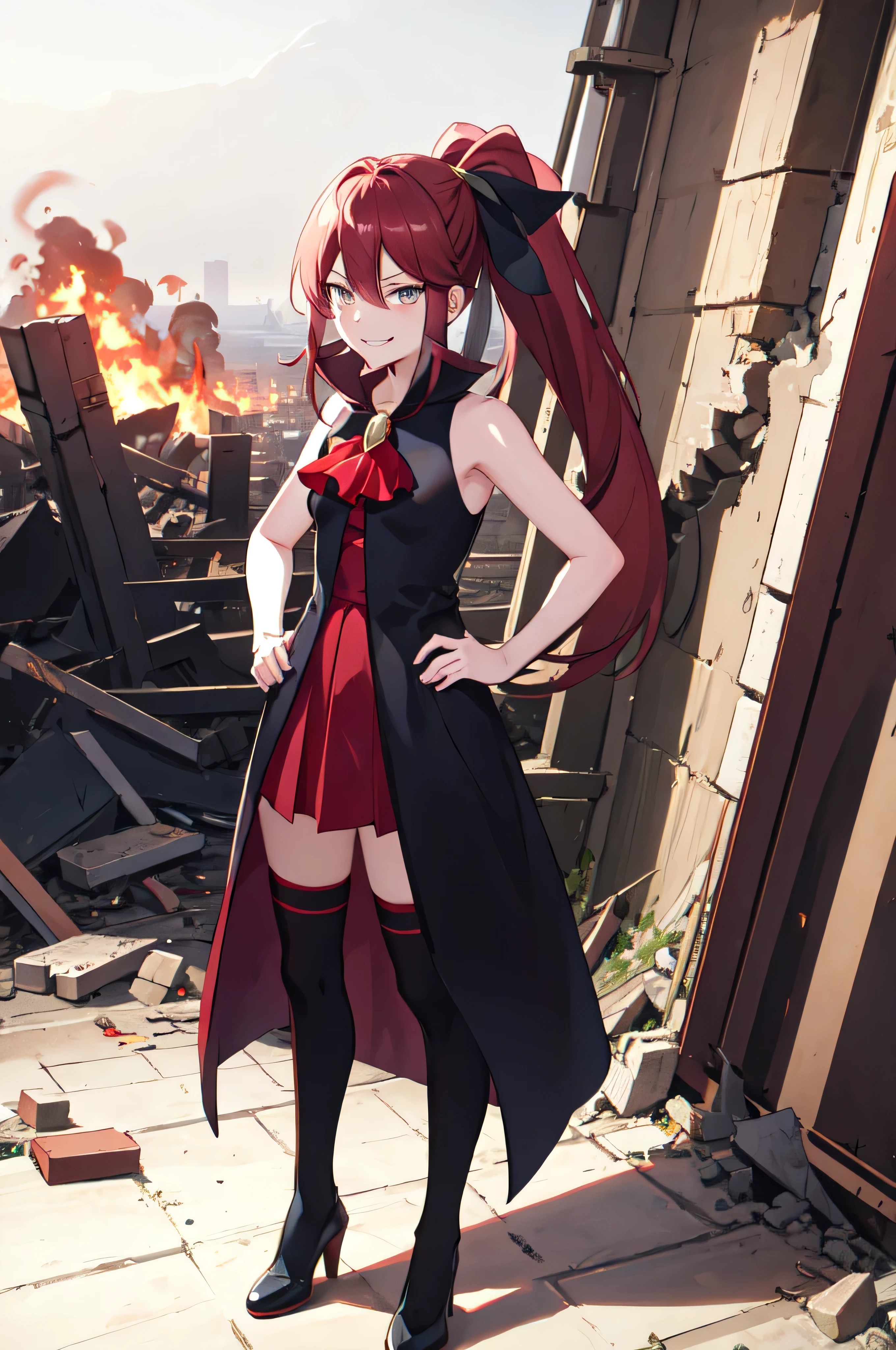 Highest quality, masterpiece, One Girl,Not beautiful, Red Ponytail, Long dress, brooch, Hair Ribbon, - Elbow hand pockets, Black knee socks, Standing on the rubble, Cityscape in a sea of fire, (Wicked Smile:1.1), Hands on hips,,Dark shadowed face,Sadistic smile,Malice,Contempt,smile,latex,Bad face,,Red Skirt,



