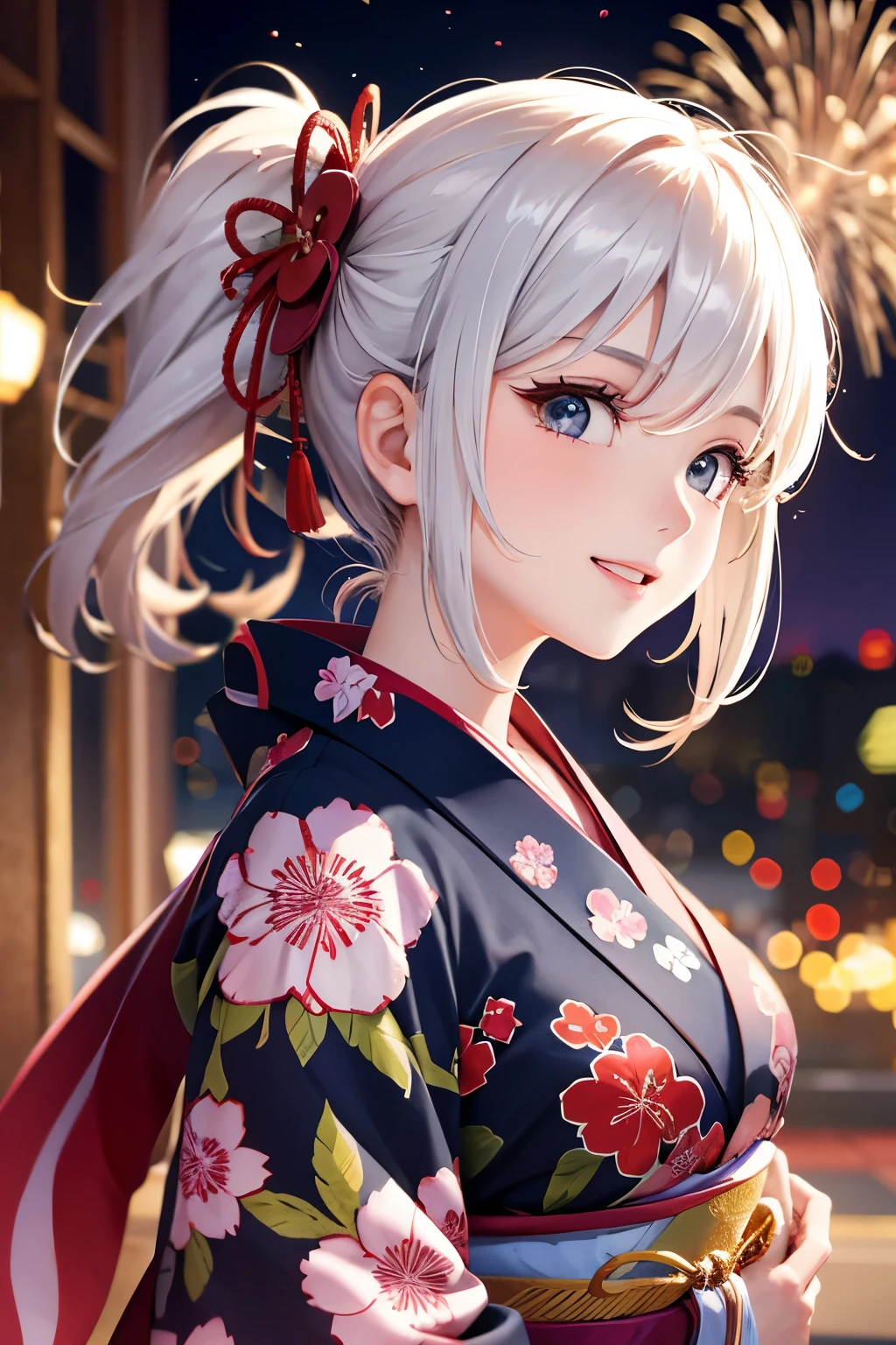 Fireworks are being set off. BREAK A cute woman in a yukata is having fun. She has a mischievous smile on her face.