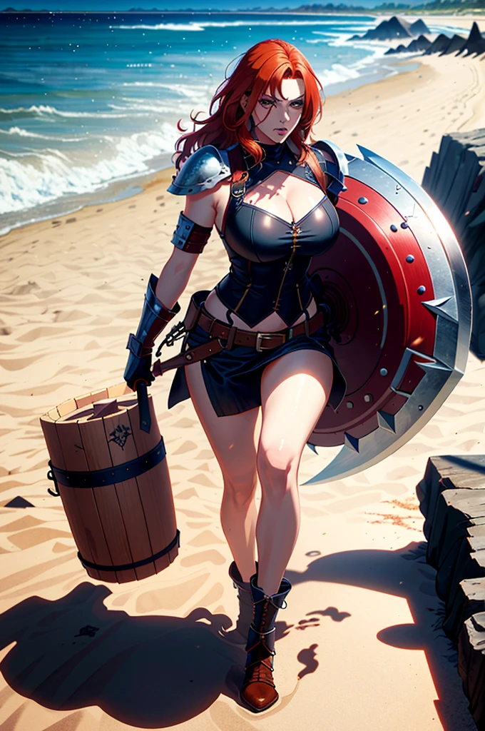 a woman with red hair and a large ax, a very beautiful berserker woman, a pioneering barbarian pirate, wearing warrior leather armor, wearing left eye patch, Marvel-style super villain, 8K, better quality and full body in the image, walking on the beach.