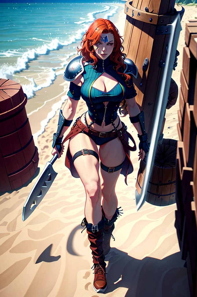 a woman with red hair and a large ax, a very beautiful berserker woman, a pioneering barbarian pirate, wearing warrior leather armor, wearing left eye patch, Marvel-style super villain, 8K, better quality and full body in the image, walking on the beach.
