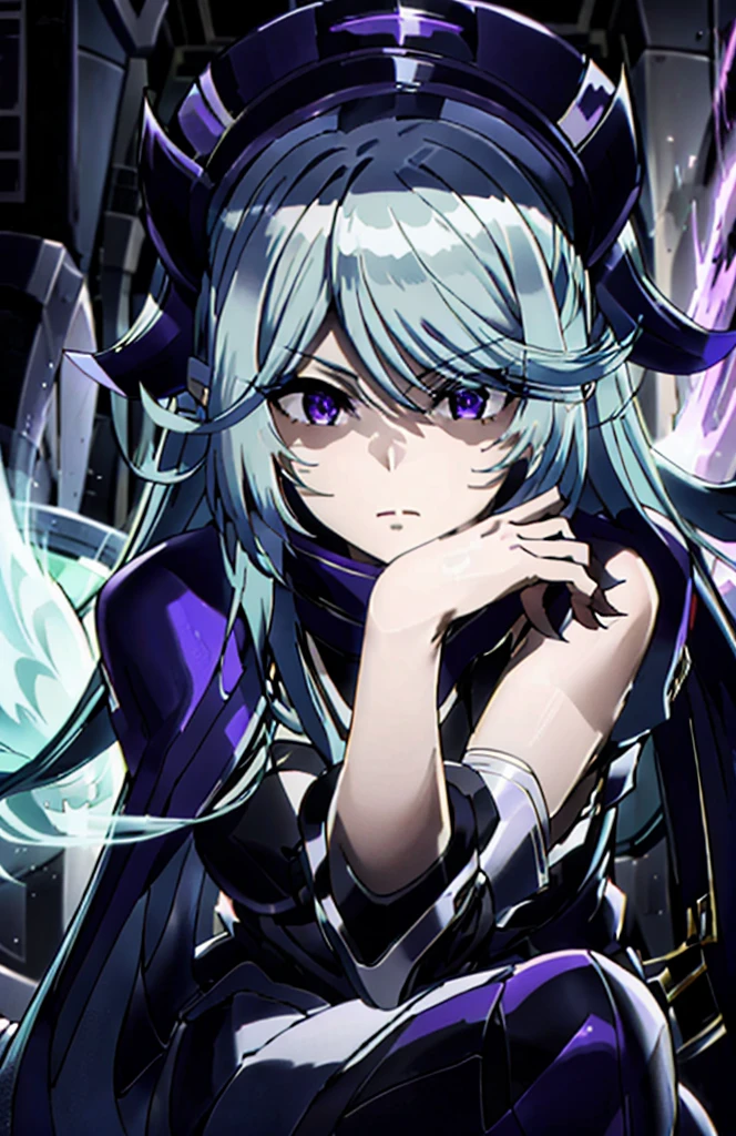blue hair,purple eyes,disqusted