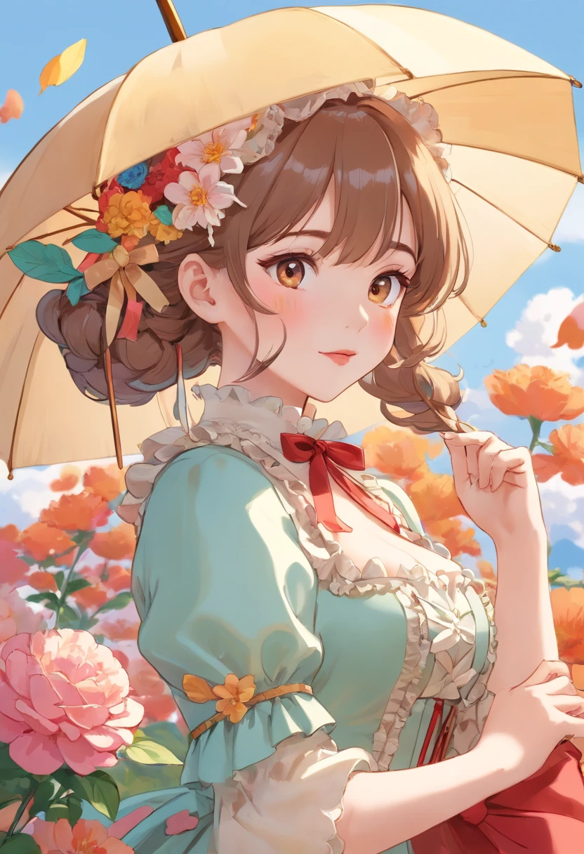 (Masterpiece), (best quality), illustration of Victorian Girl、kawaii girl、aniime、 1. **lo fashion**: Victorian fashion is characterized by dressy and elegant design。Ruffles and laces、corsets、Try incorporating elements such as long dresses。 2. **hairstyle on**: Women's hairstyles in the Victorian era are often complex and delicate。Upstyling and curling、It is also a good idea to add ribbons and floral ornaments to the hair.。 3. **Features**: girl features with soft features、Beautiful、kawaii、intelligent Beatty, Beautiful 5. **accessorized**: Accessories played an important role in the Victorian era。Hats、gloves、umbrellas, etc.、By drawing accessories with attention to detail、You can give your character personality。 Nice dress、florals、Luxurious costumes、PastelColors, (shining brightly), ((dazzling)), (floating a lot of flower petals, ((2d)), ((paper art))、(((glamorous)))、Plump、(((Chubby Mature Woman)))、(((Huge breasts)))、sexy woman、(Voluptuous:1.2)
