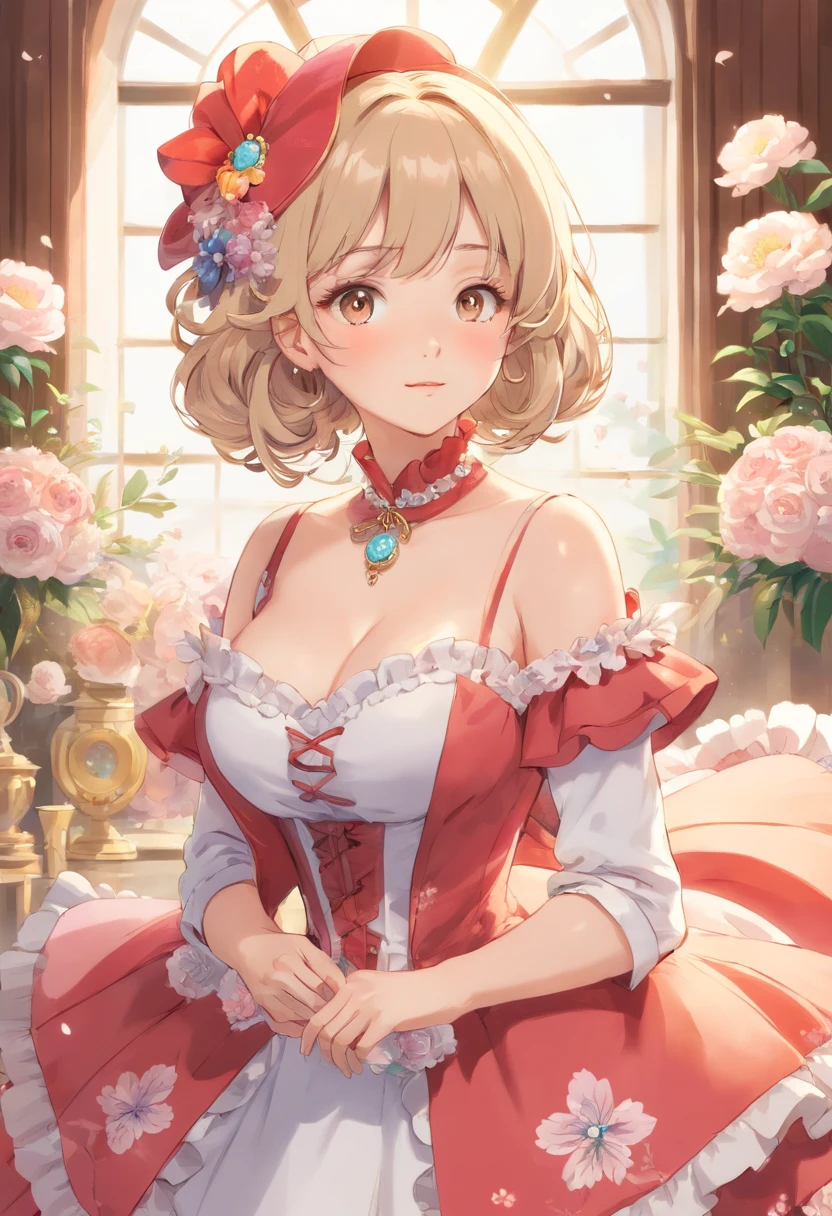 (Masterpiece), (best quality), illustration of Victorian Girl、kawaii girl、aniime、 1. **lo fashion**: Victorian fashion is characterized by dressy and elegant design。Ruffles and laces、corsets、Try incorporating elements such as long dresses。 2. **hairstyle on**: Women's hairstyles in the Victorian era are often complex and delicate。Upstyling and curling、It is also a good idea to add ribbons and floral ornaments to the hair.。 3. **Features**: girl features with soft features、Beautiful、kawaii、intelligent Beatty, Beautiful 5. **accessorized**: Accessories played an important role in the Victorian era。Hats、gloves、umbrellas, etc.、By drawing accessories with attention to detail、You can give your character personality。 Nice dress、florals、Luxurious costumes、PastelColors, (shining brightly), ((dazzling)), (floating a lot of flower petals, ((2d)), ((paper art))、(((glamorous)))、Plump、(((Chubby Mature Woman)))、(((Huge breasts)))、sexy woman、(Voluptuous:1.2)