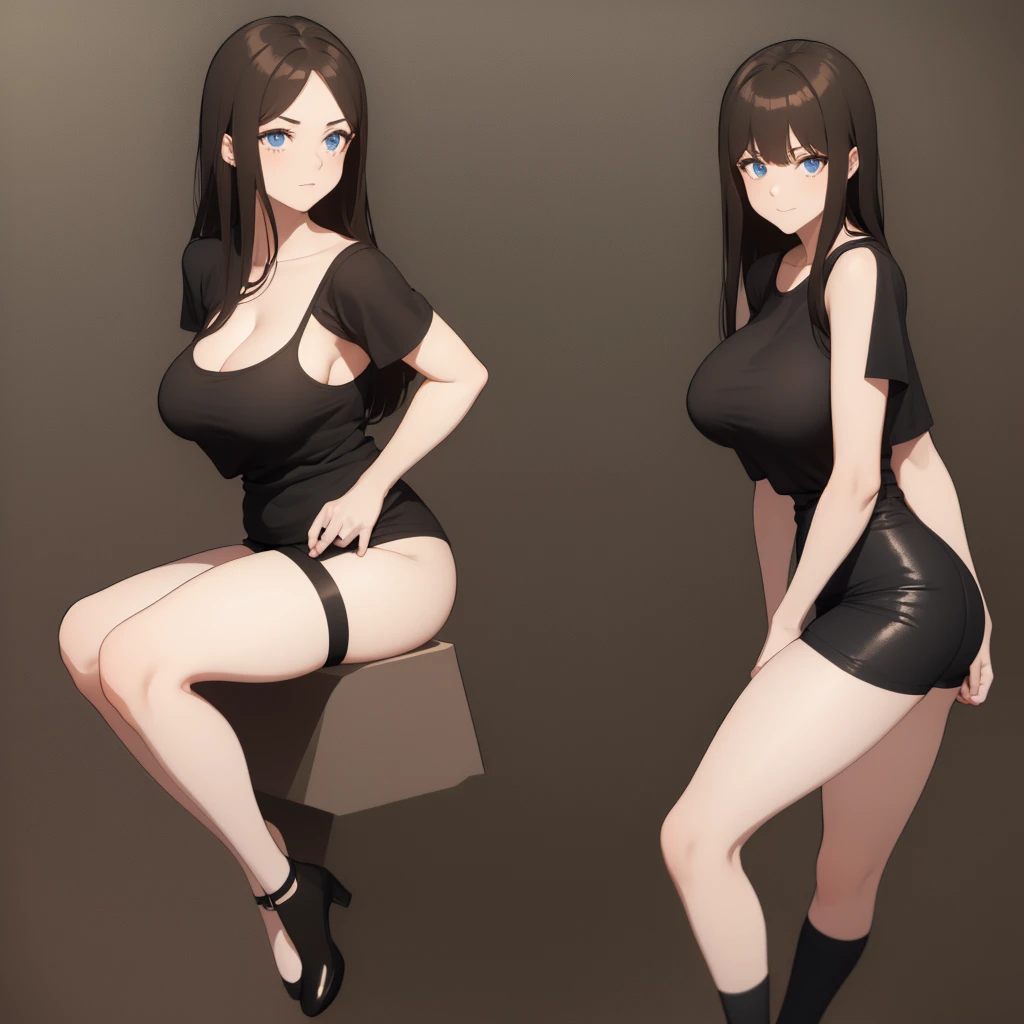One, solo, young woman, Black T-shirt, strong cleavage, short shorts, black stockings, black shoes , Brown hair, Blue eyes, long hair, full length, Big hips, big breasts