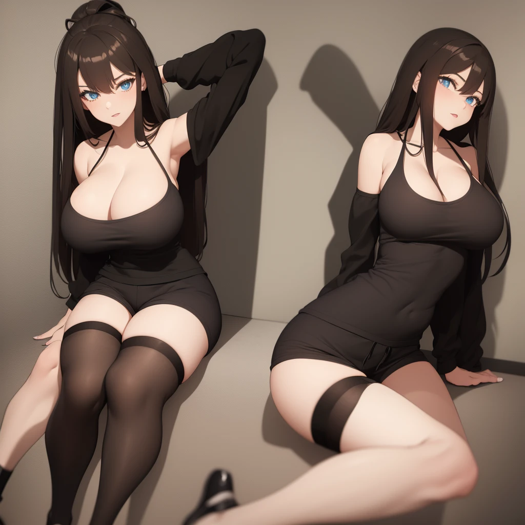 One, solo, young woman, Black T-shirt, strong cleavage, short shorts, black stockings, black shoes , Brown hair, Blue eyes, long hair, full length, Big hips, big breasts