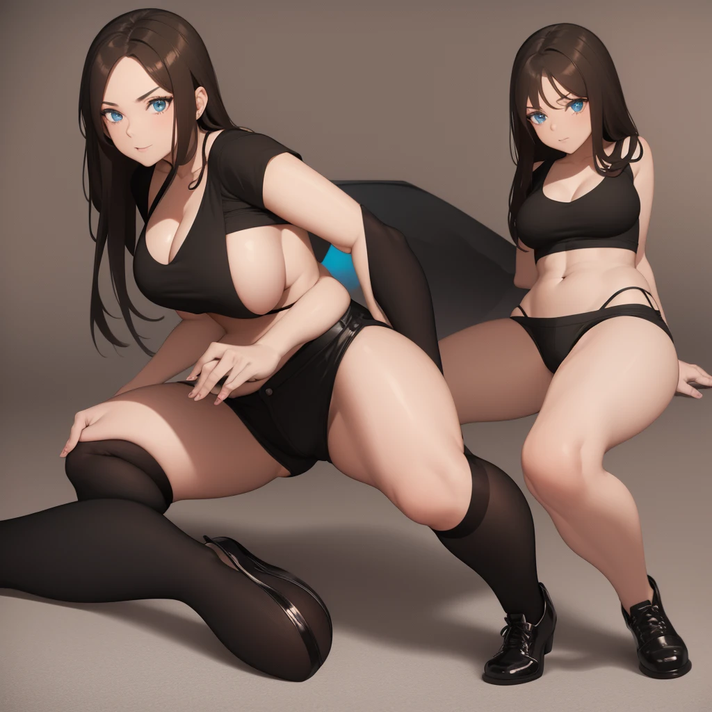 One, solo, young woman, Black T-shirt, strong cleavage, short shorts, black stockings, black shoes , Brown hair, Blue eyes, long hair, full length, Big hips, big breasts