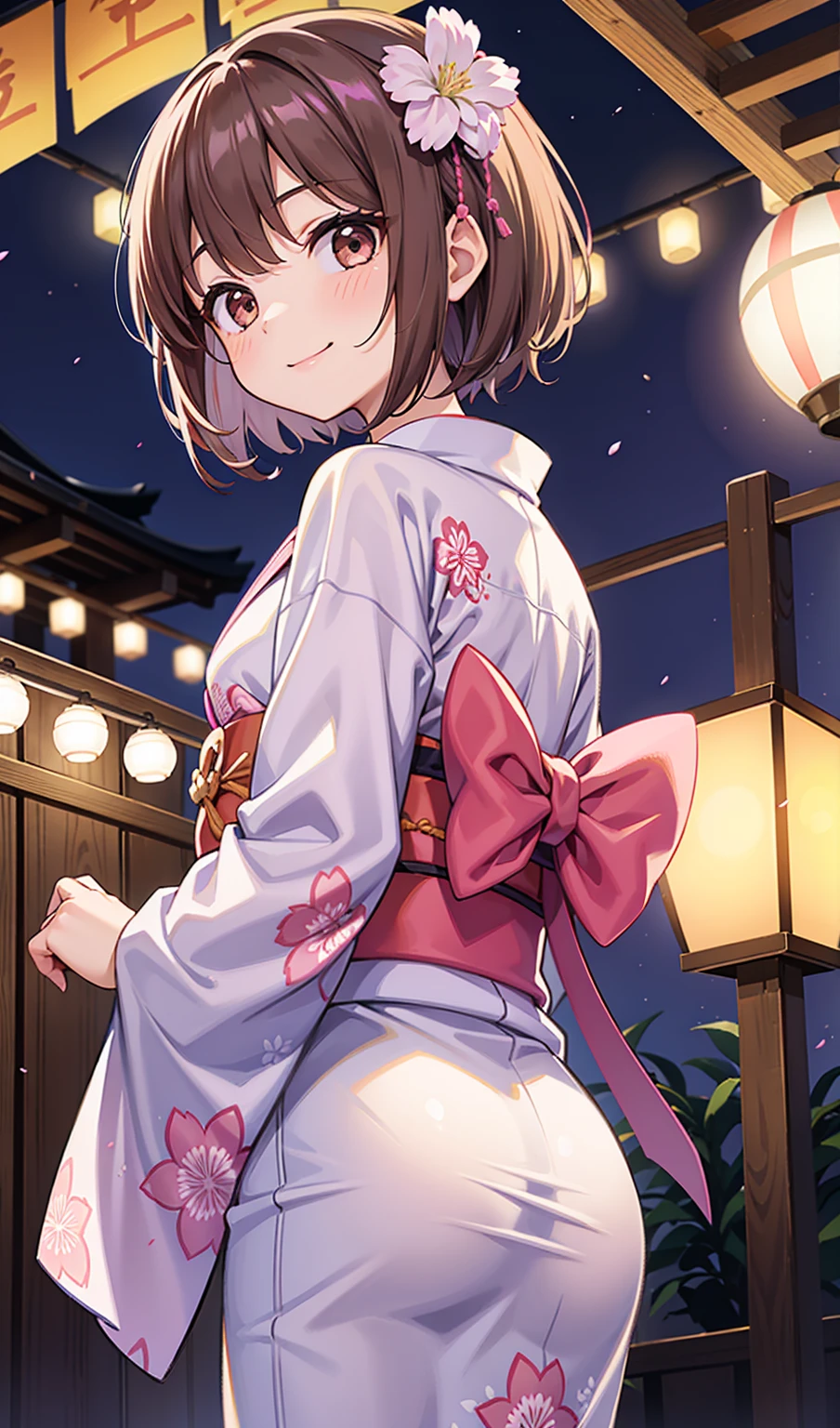 (One girl)、smile、From below、Turn around、Light purple floral yukata、Pink obi、Summer Festival at Night、Dark brown short hair、Dark brown eyes