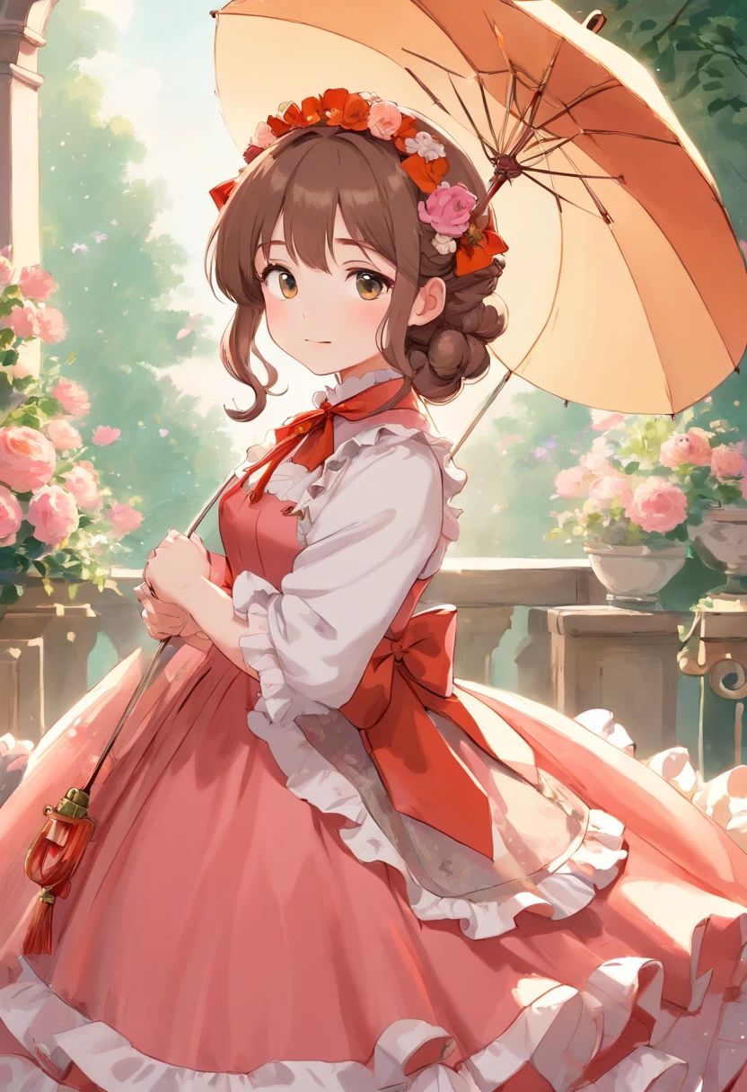 (Masterpiece), (best quality), illustration of Victorian Girl、kawaii girl、aniime、 1. **lo fashion**: Victorian fashion is characterized by dressy and elegant design。Ruffles and laces、corsets、Try incorporating elements such as long dresses。 2. **hairstyle on**: Women's hairstyles in the Victorian era are often complex and delicate。Upstyling and curling、It is also a good idea to add ribbons and floral ornaments to the hair.。 3. **Features**: girl features with soft features、Beautiful、kawaii、intelligent Beatty, Beautiful 5. **accessorized**: Accessories played an important role in the Victorian era。Hats、gloves、umbrellas, etc.、By drawing accessories with attention to detail、You can give your character personality。 Nice dress、florals、Luxurious costumes、PastelColors, (shining brightly), ((dazzling)), (floating a lot of flower petals, ((2d)), ((paper art))、(((glamorous)))、Plump、(((Chubby Mature Woman)))、(((Huge breasts)))、sexy woman、(Voluptuous:1.2)