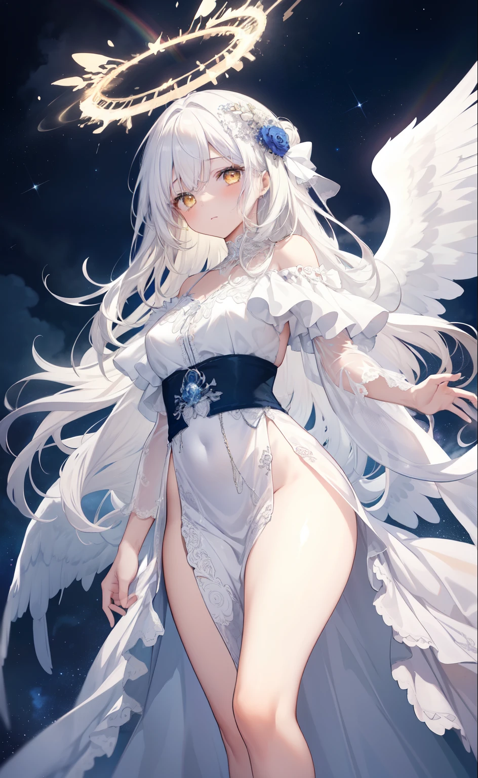 masterpiece, best quality, 1girl, glowing, angel, white hair, long white gown, angelic gown, elegant design, waist sash,  jelweries, intricate gown, heavenly gown, long sleeeves, waist sash, angel wings, full lenth skirt, long sleeeves, glowing, yellow eyes, curvy, curly hair, flowing hair, low angle view, cowboy shot, sky background, medium breasts, beautiful sky, clouds, starry sky, angel halo, jelweries, hand on dress, dark blue sky, glowwing:1.2, rainbow