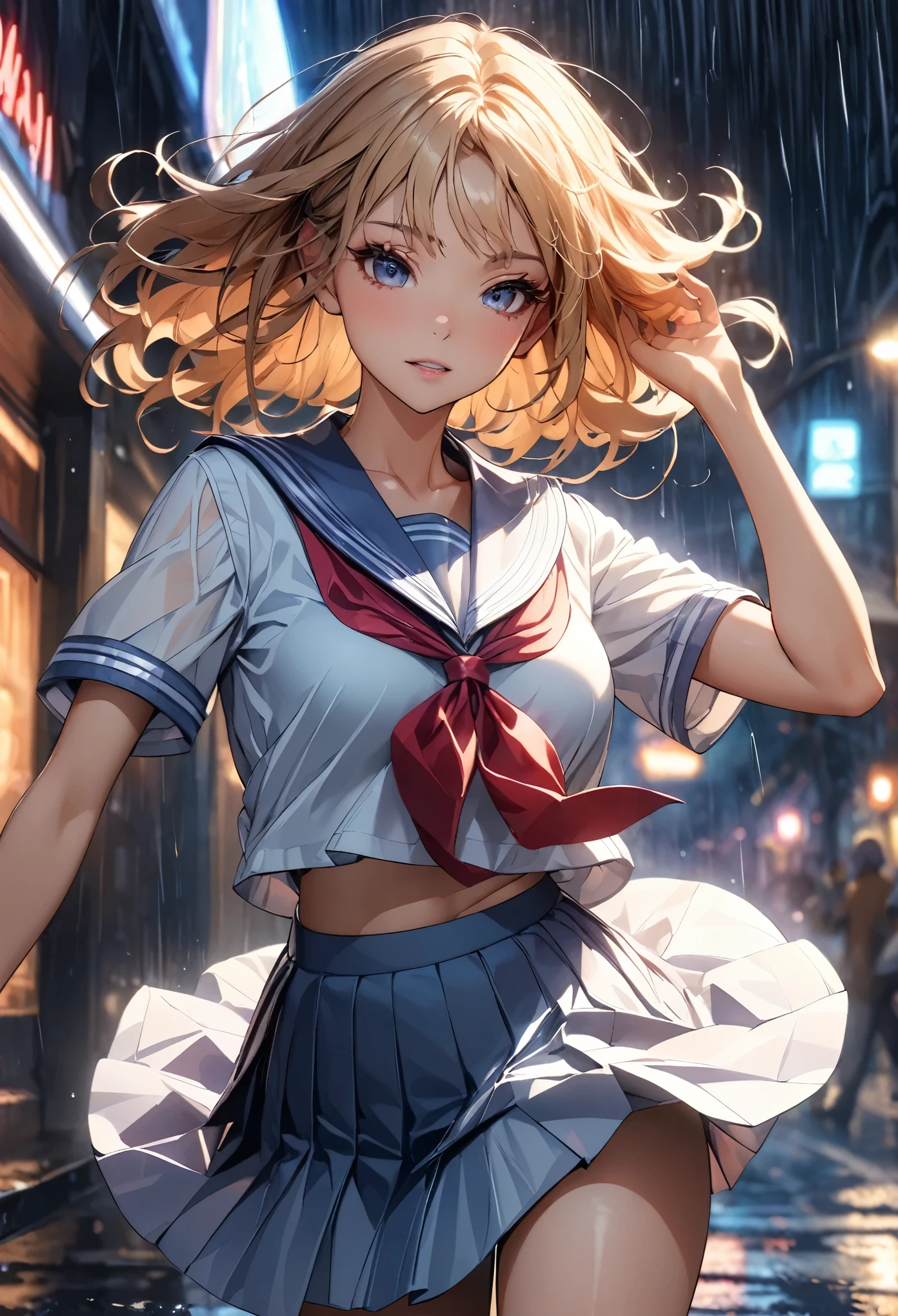 Girl dancing in the rain:1.2, Rainy Street, JK, Sailor suit, Cinema Lighting, Beautiful lip detail, Very detailedな顔と姿, Long eyelashes, Cowboy Shot, Dance Motion, Dynamic Motion Blur;1.2, Vibrant colors, mood with atmosphere, Dramatic lighting, Surreal, (Highest quality:1.24, Very detailed, High detail, masterpiece:1.2, Highest quality).