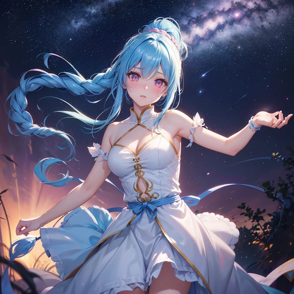 Sky blue hair, (One braided ponytail),(Pink Eyes),Fair skin ,(whole body),(One girl),The goddess,Orihime,(Sky Yue),Tanabata,(The Milky Way in the night sky),Hollow Eyes,Blushing,Straight bangs,(masterpiece, Highest quality, Very detailed, Best Shadow), (Detailed Background), (Beautifully detailed face), High Contrast, (Best lighting, Very delicate and beautiful), ((Cinematic Light)), colorful, Hyper Detail, Dramatic Light, Intricate details,Open your arms