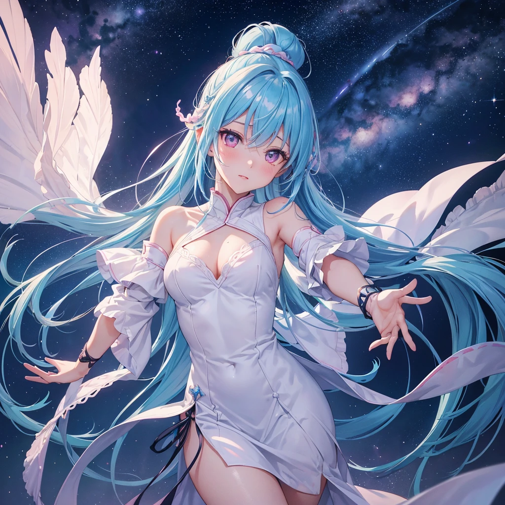 Sky blue hair, (One braided ponytail),(Pink Eyes),Fair skin ,(whole body),(One girl),The goddess,Orihime,(Sky Yue),Tanabata,(The Milky Way in the night sky),Hollow Eyes,Blushing,Straight bangs,(masterpiece, Highest quality, Very detailed, Best Shadow), (Detailed Background), (Beautifully detailed face), High Contrast, (Best lighting, Very delicate and beautiful), ((Cinematic Light)), colorful, Hyper Detail, Dramatic Light, Intricate details,Open your arms