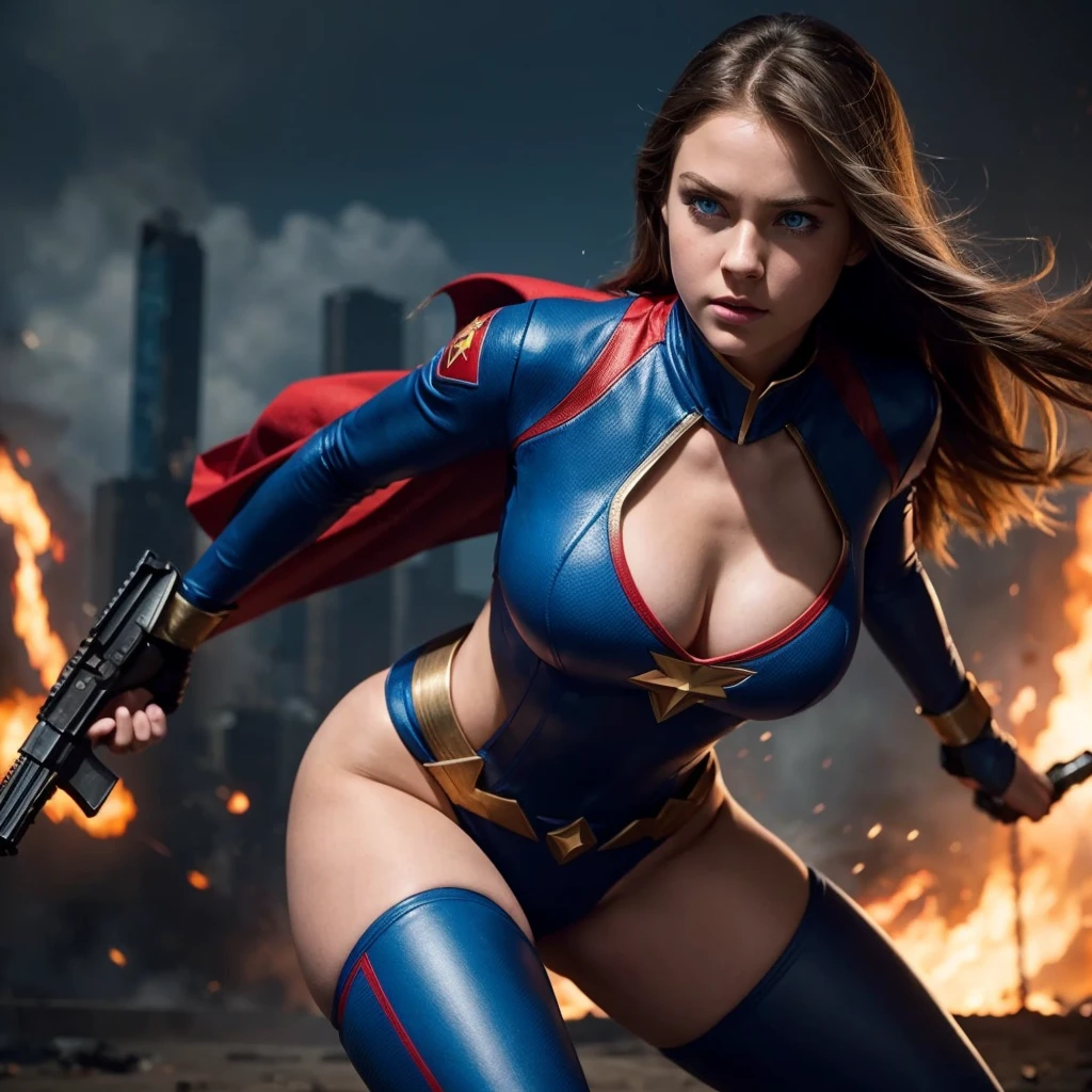 Action young heroine ,blonde, blue eyes, pretty, Her blue eyes are focused and fiery. Big , tigh bum. two big revolver in hands fired. The background blurs to emphasize her speed and agility, with intense lighting casting dynamic shadows across her features. A high-octane, cinematic action sequence with vibrant Technicolor aesthetics, featuring a stunning young superheroine with a voluptuous figure and battling villains with explosive action and dynamic visuals., sci-fi, soft focus, bright color grading