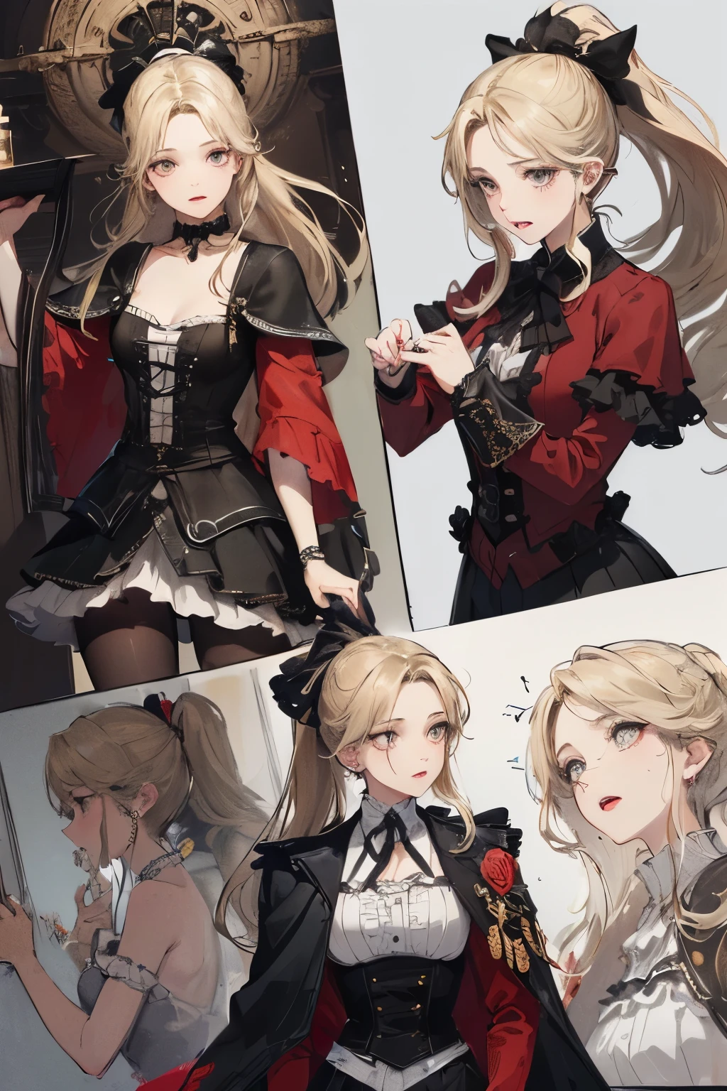((Finest quality)),(超A high resolution),(ultra-detailliert),(Meticulous portrayal),((Best Anime)),(Finest works of art),(Ultra-Precision Art),(The art of astounding depiction,Overwhelming depiction:1.5),(intricate and detailed art:1.6), NSFW, small breasts, prominent collarbones, skinny arms, flat stomach, visible hip bones, long hair, red hair, white hair, blonde hair, dark hair, ponytail, thick ponytail, heavy ponytail, red and white clothing, Bloodborne inspired, occult aesthetic, occult, detailed and intricate steampunk and detailed gothic, NSFW Fluttering lace frilly petticoats, pleated petticoats