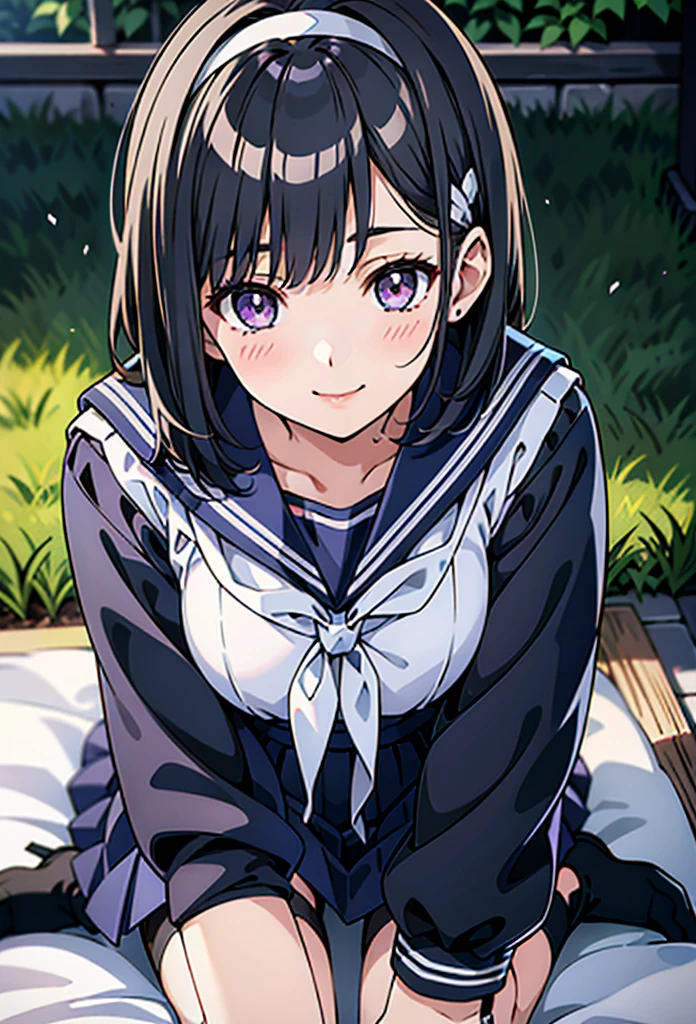 Sailor suit, One Woman, (Beautiful woman, Delicate schoolgirl:1.3), 8K, Highest quality, masterpiece, Very detailed, Ultra-high resolution, Realistic, RAW Photos, Absolute Resolution, Black Hair, Bobcut, face is small compared to body, Very small face, Black Hair, ((紺色のSailor suit)), Navy Blue Skirt, Sailor suitを着た女子高生2D Rendering of Anime, ((White headband)), Small breasts, expensive, Slanted Eyes, Purple eyes, Black Stockings, garter belt, A shy smile, garden, (Thinking pose:1.3), (Top-down position:1.3), Blurred Background,