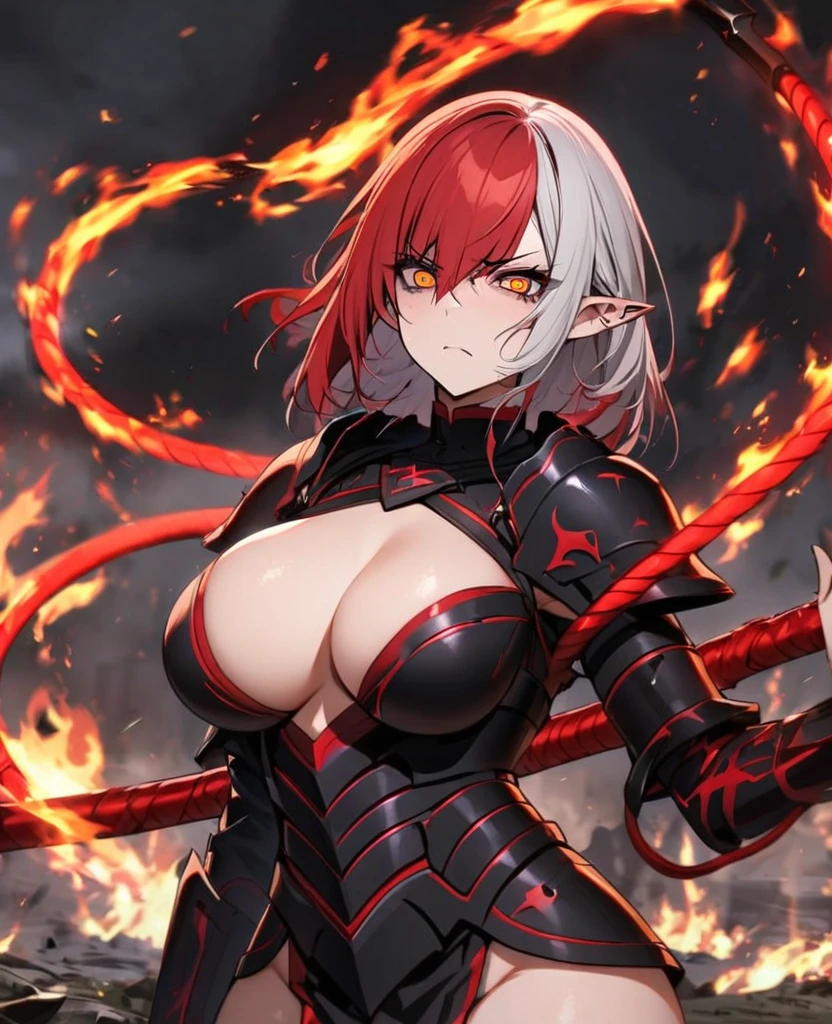 Female,curvy,pierced pointed ears,half red hair half white hair,one red eye one orange eye,broken red and black armour,dark magic,dark expression,fire whip,dark sword,on a battlefield