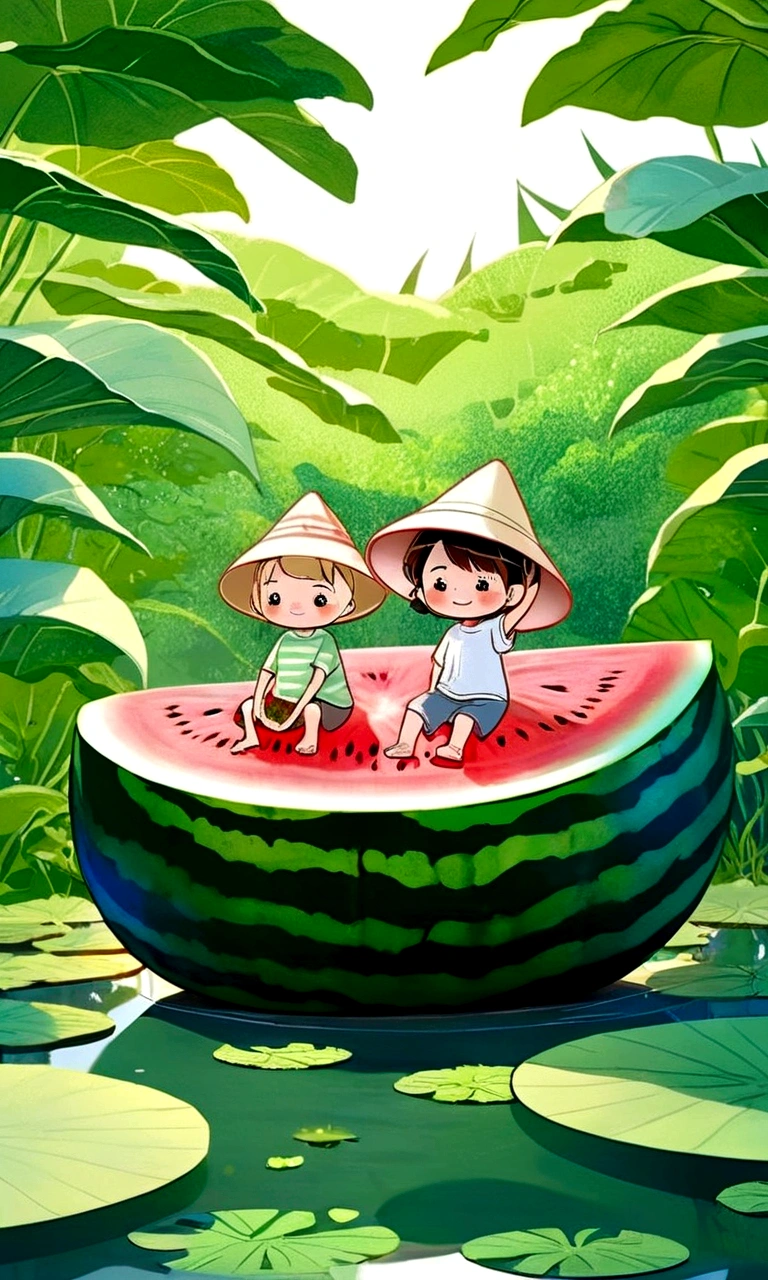 Vision，Hot summer，Two children sitting on a giant watermelon-shaped boat，Back，Wear a sun hat，Fundo verde claro，Summer elements，Lotus Pond，A hot, sunny day in midsummer，Comic Style，Fresh and beautiful atmosphere