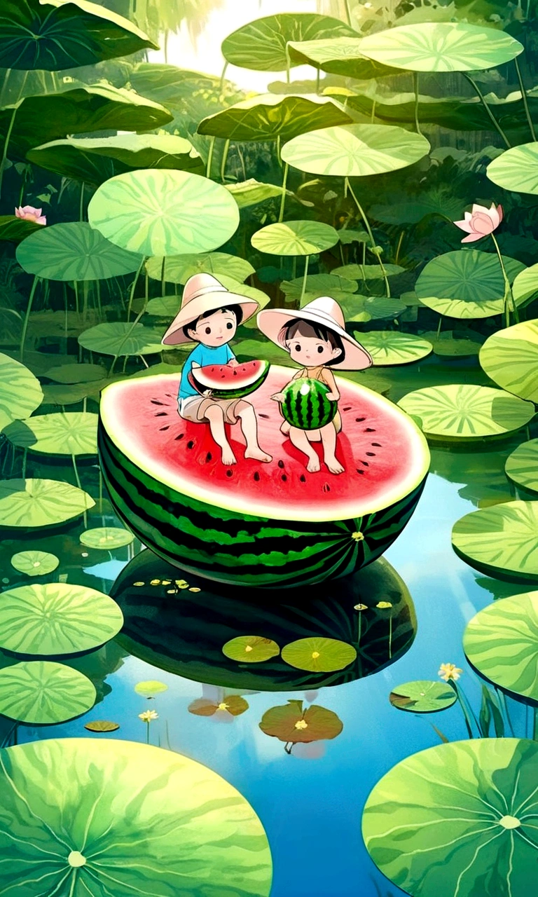 Vision，Hot summer，Two children sitting on a giant watermelon-shaped boat，Back，Wear a sun hat，Fundo verde claro，Summer elements，Lotus Pond，A hot, sunny day in midsummer，Comic Style，Fresh and beautiful atmosphere