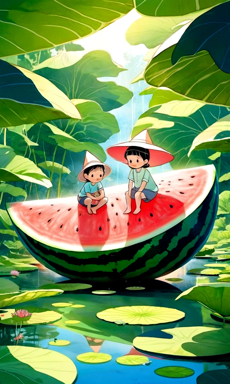 Vision，Hot summer，Two children sitting on a giant watermelon-shaped boat，Back，Wear a sun hat，Fundo verde claro，Summer elements，Lotus Pond，A hot, sunny day in midsummer，Comic Style，Fresh and beautiful atmosphere