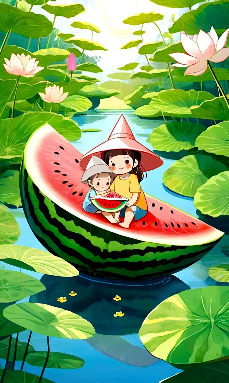 Vision，Hot summer，Two children sitting on a giant watermelon-shaped boat，Back，Wear a sun hat，Fundo verde claro，Summer elements，Lotus Pond，A hot, sunny day in midsummer，Comic Style，Fresh and beautiful atmosphere