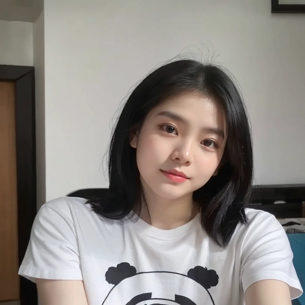 Indonesian Girl, beautiful, black hair, pale skin, indoor, wearing white t-shirt, selfie