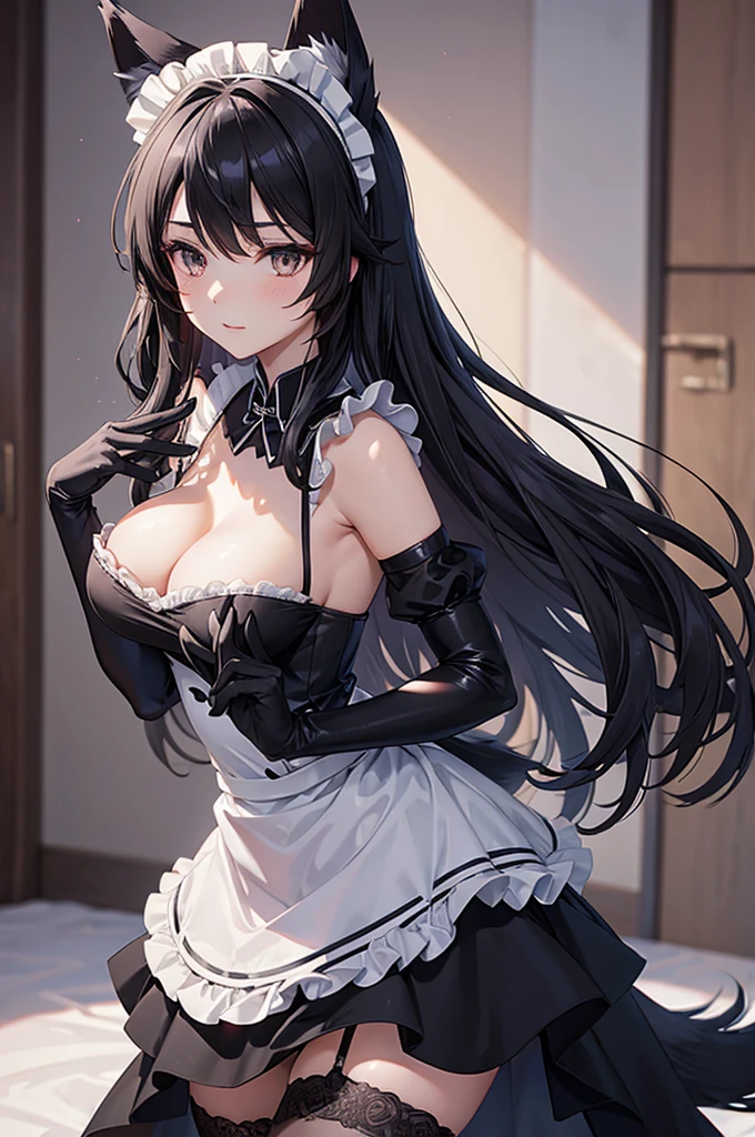 Beautiful anime woman with wolf ears and tail (wearing maid dress, black stockings, with long black elbow gloves) with her glove holding her breasts