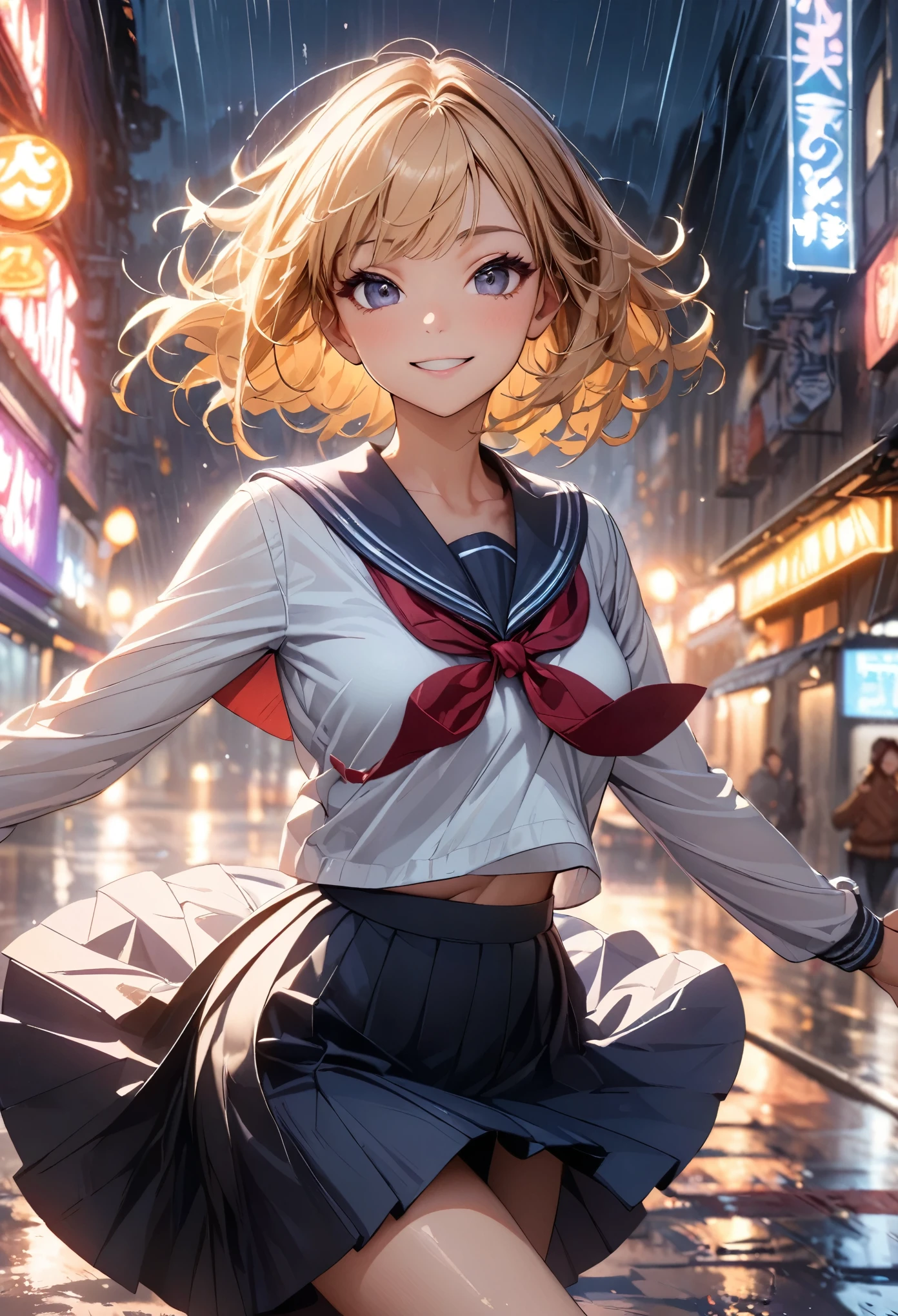 Girl dancing in the rain:1.2, Rainy Street, smile:1.2, JK, Sailor suit, Cinema Lighting, Beautiful lip detail, Very detailedな顔と姿, Long eyelashes, Cowboy Shot, Dance Motion, Dynamic Motion Blur;1.2, Vibrant colors, mood with atmosphere, Dramatic lighting, Surreal, (Highest quality:1.24, Very detailed, High detail, masterpiece:1.2, Highest quality).