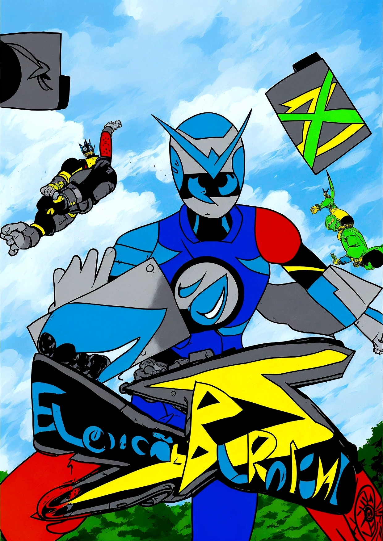 there is a cartoon of a man riding a skateboard on a ramp, fourze, promotional art, promotional artwork, official artwork, an epic anime of a energy man, eboy, flying anime esper, official art, anime cover, kamen rider character, eldritchpunk, atompunk, comic book's cover, comic book arzach style, movie promotional art