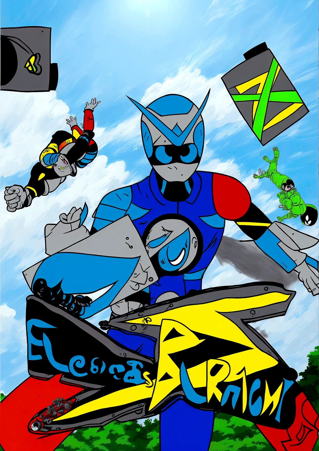 there is a cartoon of a man riding a skateboard on a ramp, fourze, promotional art, promotional artwork, official artwork, an epic anime of a energy man, eboy, flying anime esper, official art, anime cover, kamen rider character, eldritchpunk, atompunk, comic book's cover, comic book arzach style, movie promotional art