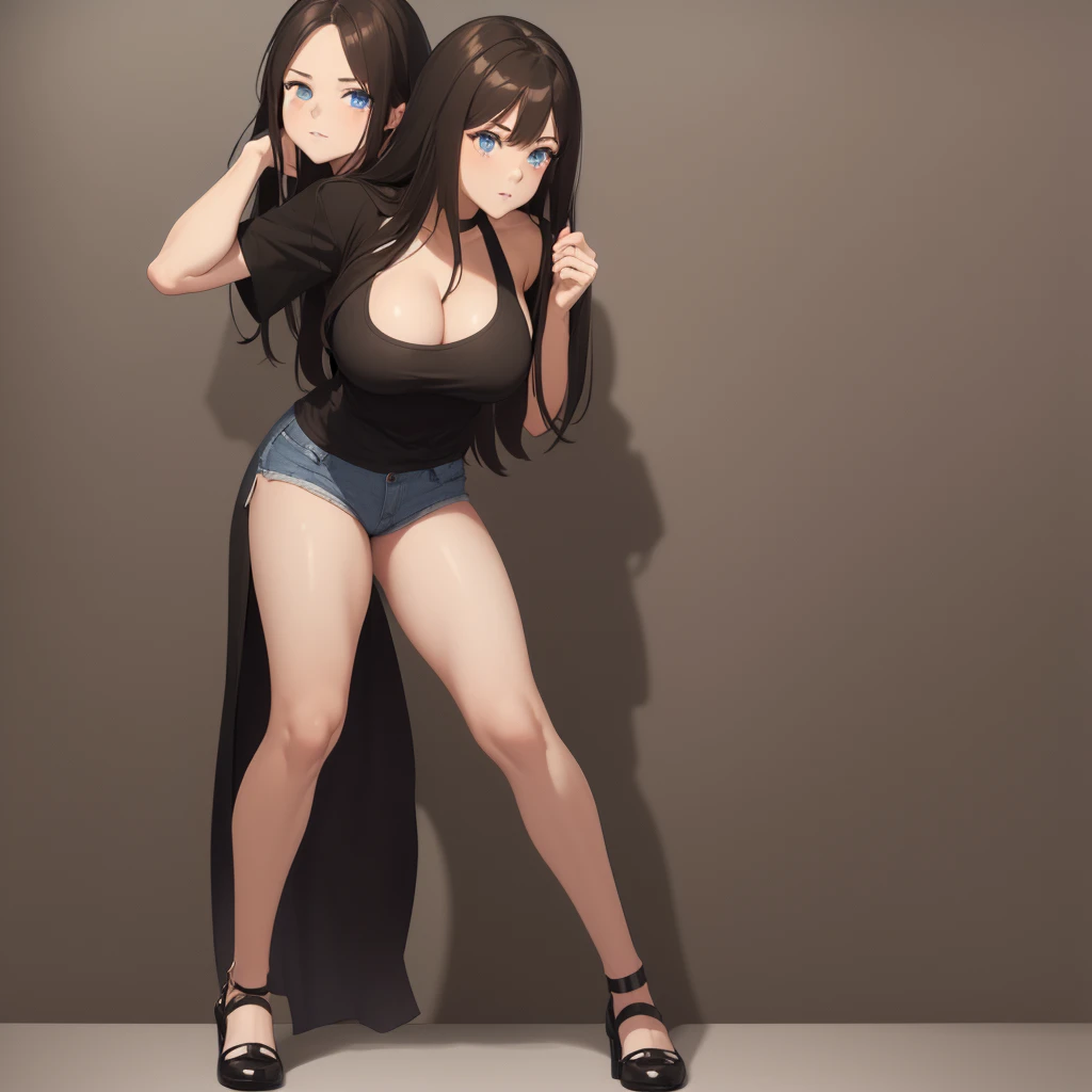 One, ((solo)) , young woman, Black T-shirt, strong , short shorts, black stockings, black shoes , Brown hair, Blue eyes, long hair, в full height, Big hips, big breaeight