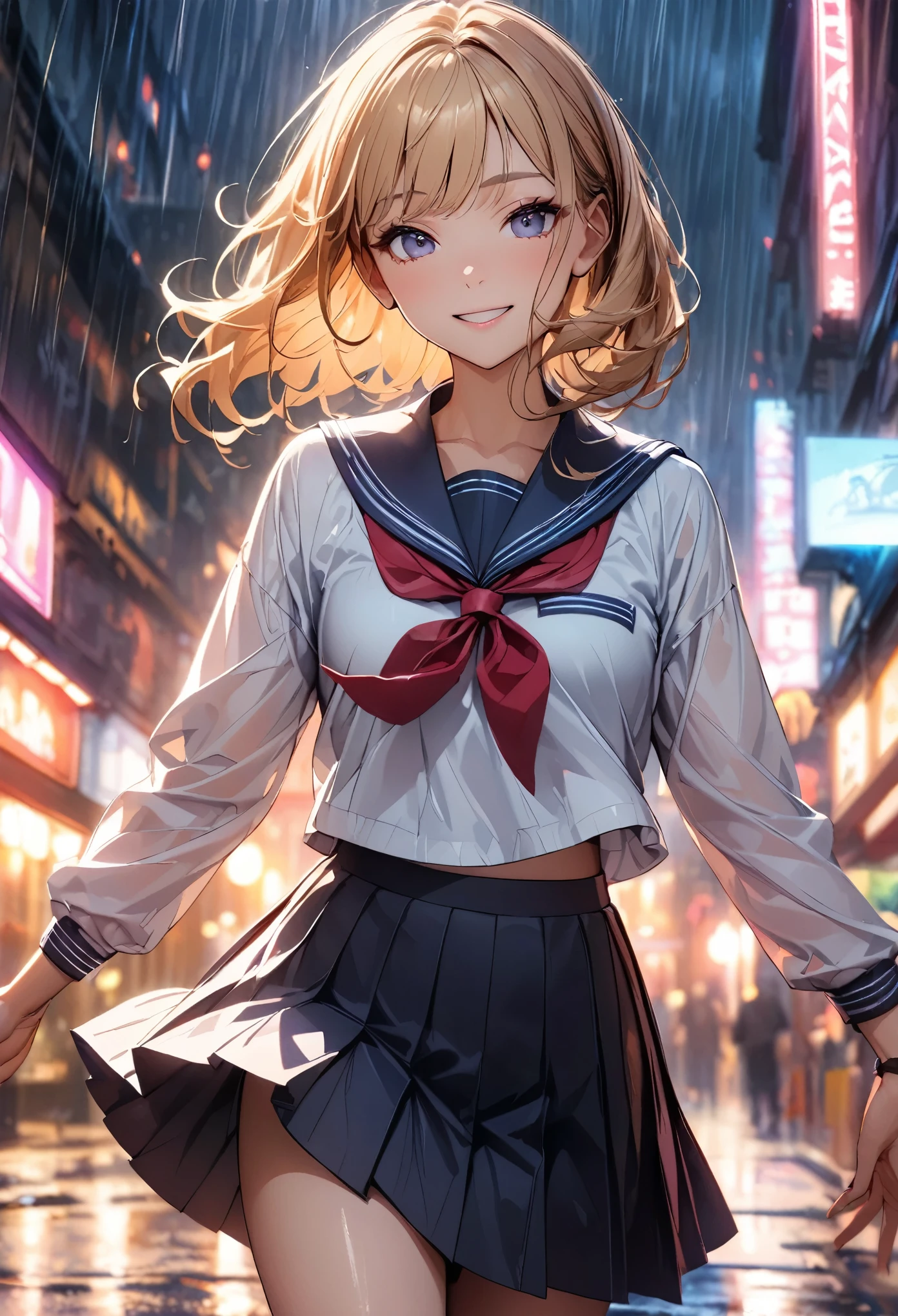 Girl dancing in the rain:1.2, Rainy Street, smile:1.2, JK, Sailor suit, Cinema Lighting, Beautiful lip detail, Very detailedな顔と姿, Long eyelashes, Cowboy Shot, Dance Motion, Dynamic Motion Blur;1.2, Vibrant colors, mood with atmosphere, Dramatic lighting, Surreal, (Highest quality:1.24, Very detailed, High detail, masterpiece:1.2, Highest quality).