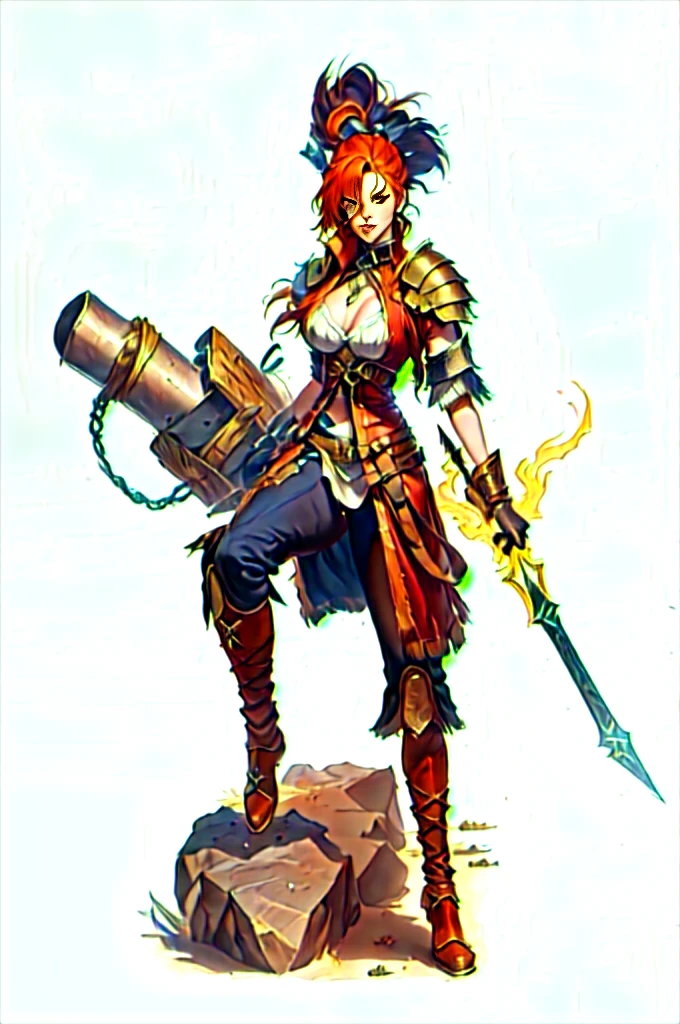 a woman with red hair, a very beautiful berserker woman, a pioneering barbarian pirate, wearing warrior leather armor, wearing left eye patch, Marvel-style super villain, 8K, better quality and full body in the image, walking on the beach.