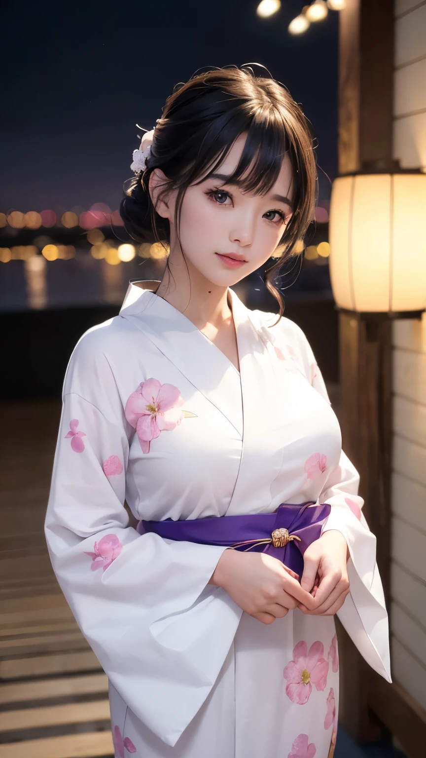 (logo、masterpiece、8K、Tabletop、RAW Photos、wonderful、最high quality、フォトリアリスティックでVery detailedな CG 複合 8K 壁紙、high quality、Very detailed、Narrative poem、Particle Effects、Dynamic Effects、Depth of the Boundary、Cinematic Light、Lens flare、Ray Tracing)、 (One beautiful woman wearing a yukata、White yukata、Light purple pattern)、Black-haired、High definition skin、Very fine、Fine skin texture、Beautiful Face、True Face、Beautiful details in the eyes、Realistic eyes、Beautifully detailed eyes、Realistic Skin、Beautiful Skin、Surreal、Smiling Eyes、Hair and light eyes、vivid、Colorful lights and bokeh、plump lower lip、Pink Lips、Hair flutters in Wind、Hair bounces、wonderful景色、night、evening、Wind、moonlight、moonlight、light