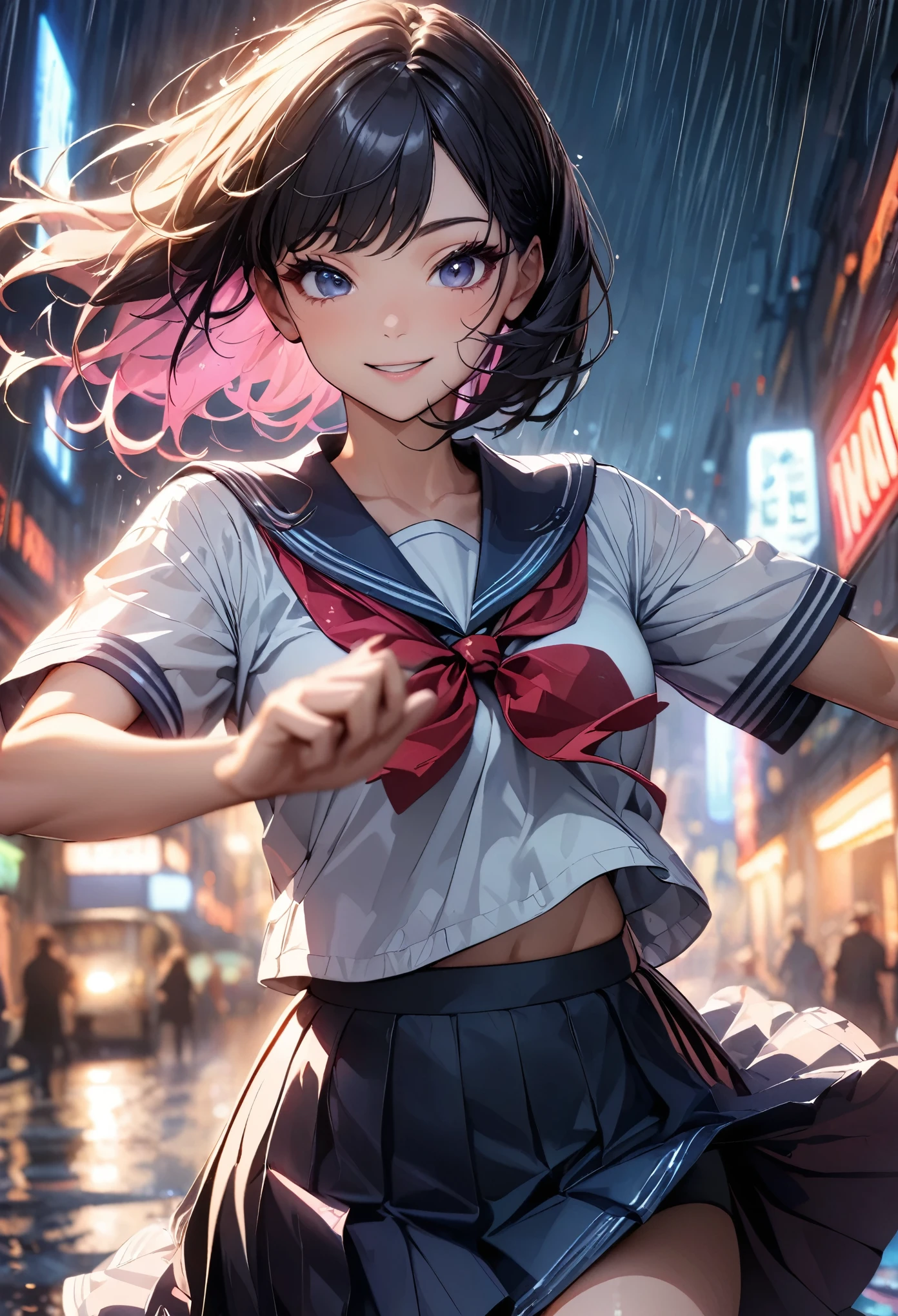 Girl dancing in the rain:1.2, Rainy Street, smile:1.2, JK, Sailor suit, Cinema Lighting, Beautiful lip detail, Very detailedな顔と姿, Long eyelashes, Cowboy Shot, Dance Motion, Dynamic Motion Blur;1.2, Vibrant colors, mood with atmosphere, Dramatic lighting, Surreal, (Highest quality:1.24, Very detailed, High detail, masterpiece:1.2, Highest quality).