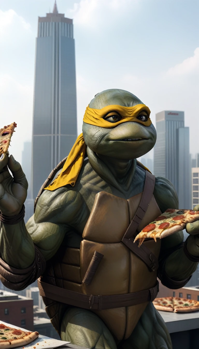 close-up, TMNTMichaelangelo, a teenage mutant ninja turtle, eating a slice of pizza, wearing yellow bandana mask with eye-holes, standing on a city rooftop during the day, skyscrapers and rooftops and day sky in the background, 