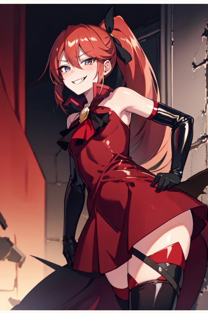 Highest quality, masterpiece, One Girl,Not beautiful, Red Ponytail, Long dress, brooch, Hair Ribbon, - Elbow hand pockets, Black knee socks, Standing on the rubble,  (Wicked Smile:1.1), ,,Dark shadowed face,Sadistic smile,Malice,Contempt,smile,latex,Bad face,,Red Skirt,two hands,two legs,five fingers,evil background,elbow gloves,latex, Wicked Smile, devilish aura (Shiny fabric:1.5),Evil Darkness

