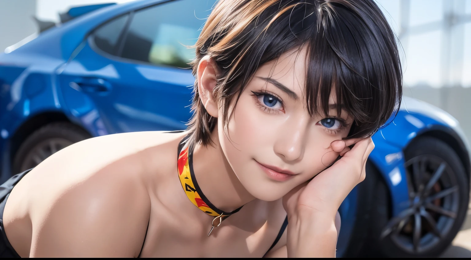 resolution,Sharp focus、(Super detailed,Very detailed)、(Photorealistic artwork:1.37)、(Very detailed CG unity 8k wallpaper)、(((Vibrant colors,Vibrant Themes)))、(Complex)、(masterpiece)、(Highest quality)、Artistic photography、(Photography by sldr)、(Complex background)、perfectly rendered face、Perfect facial details、Realistic Face、((Complex detail)),(((realism))),フォトrealism ]!!!、Smooth anime CG art、アニメrealism、3D Anime Real(masterpiece、Premium Quality:1.2)、Photo of a boy、Beautiful Boy、Black-haired boy、Boy with medium short hair、A boy with short hair covering his ears、Japan Boy、Cute boy、16-year-old boy、Slim boy、Slender boy、Neutral boy、Femboy、A boy with feminine, soft body lines、A boy with a slender body、shiny and smooth skin、((Flat Chest 1.5))、A boy who looks like Gamon Kawai、(Race Queen Costume: 1.2)、Bloomers、Watching the audience、Stick your butt out、deep navel、choker、smile