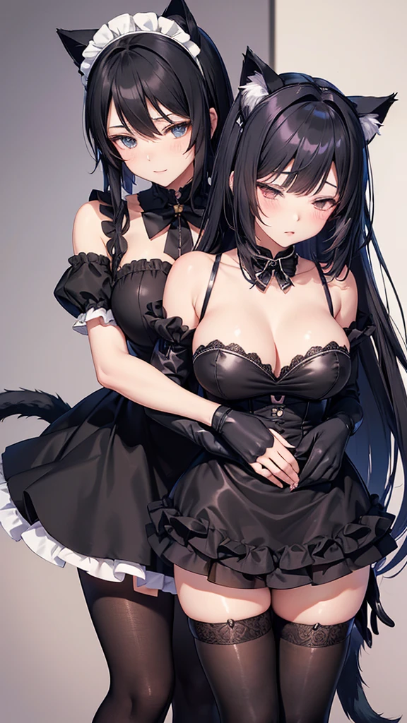 2 Beautiful anime woman with cat ears and tail (wearing maid dress, black stockings, and short black gloves) while the other beautiful anime woman with cat ears and tail (wearing maid dress, black stockings, and short black gloves) is standing behind her and holding her from behind while she places her glove over the other womans breast and falls asleep in her arms