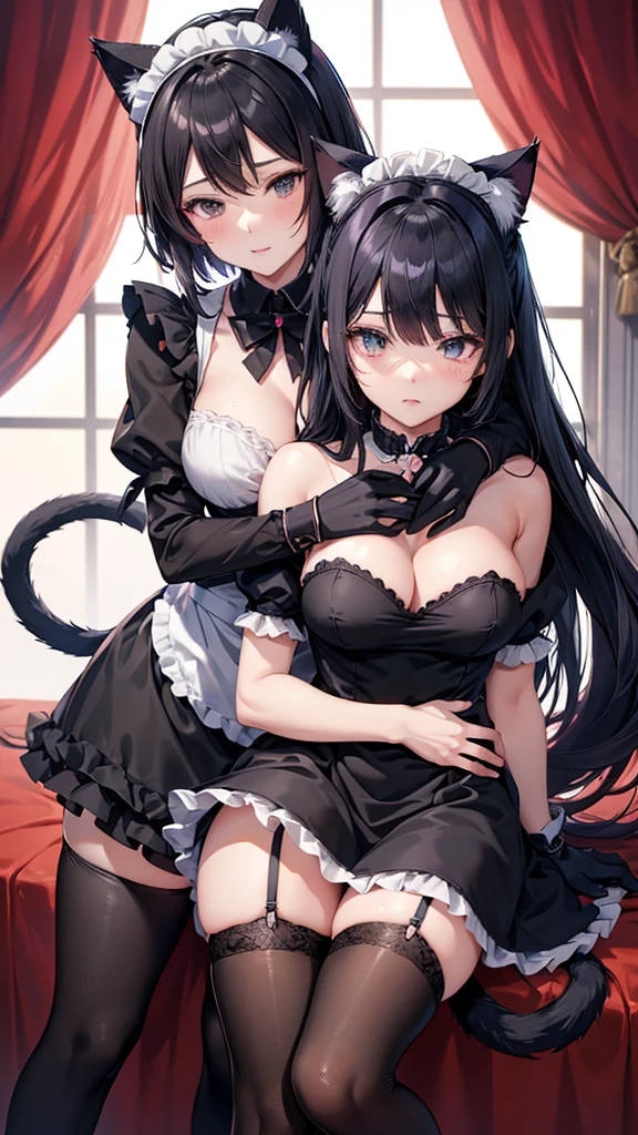 2 Beautiful anime woman with cat ears and tail (wearing maid dress, black stockings, and short black gloves) while the other beautiful anime woman with cat ears and tail (wearing maid dress, black stockings, and short black gloves) is standing behind her and holding her from behind while she places her glove over the other womans breast and falls asleep in her arms