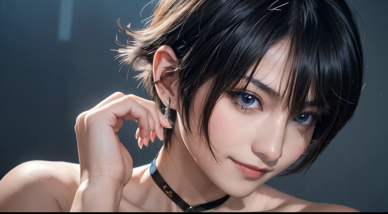 resolution,Sharp focus、(Super detailed,Very detailed)、(Photorealistic artwork:1.37)、(Very detailed CG unity 8k wallpaper)、(((Vibrant colors,Vibrant Themes)))、(Complex)、(masterpiece)、(Highest quality)、Artistic photography、(Photography by sldr)、(Complex background)、perfectly rendered face、Perfect facial details、Realistic Face、((Complex detail)),(((realism))),フォトrealism ]!!!、Smooth anime CG art、アニメrealism、3D Anime Real(masterpiece、Premium Quality:1.2)、Photo of a boy、Beautiful Boy、Black-haired boy、Boy with medium short hair、A boy with short hair covering his ears、Japan Boy、Cute boy、-yeld bolim boy、Slender boy、Neutral boy、Femboy、A boy with feminine, soft body lines、A boy with a slender body、shiny and smooth skin、((Flat Chest 1.5))、A boy who looks like Gamon Kawai、(Race Queen Costume: 1.2)、Bloomers、Watching the audience、Stick your butt out、deep navel、choker、smile