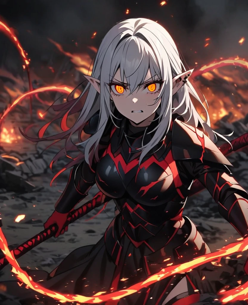 Female,pierced pointed ears,half red hair half white hair,one red eye one orange eye,broken red and black armour,dark magic,dark expression,fire whip,dark sword,on a battlefield